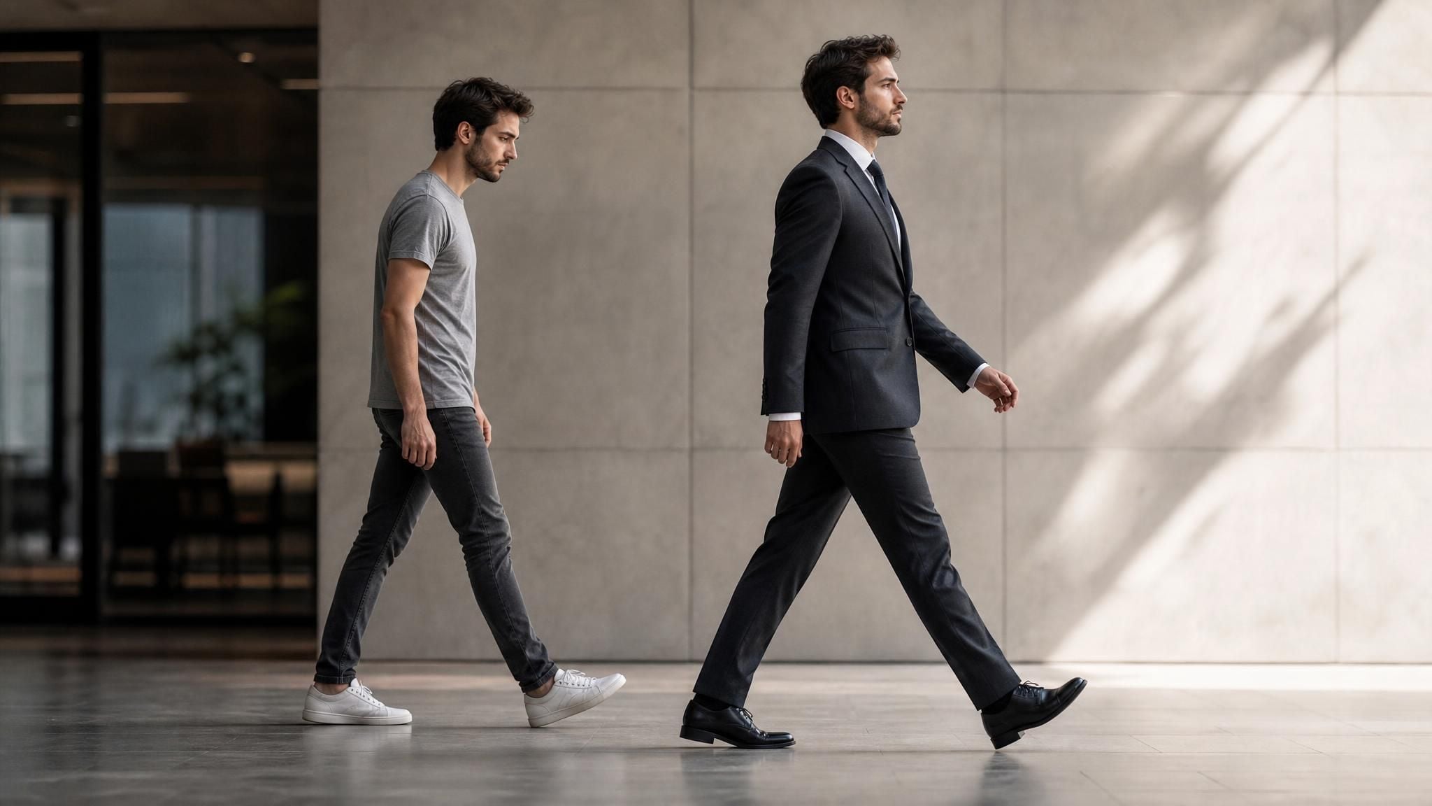 Before and after split portrait from a formal attire editor, casual T-shirt on the left replaced by a charcoal suit and navy tie on the right with the same face and pose.