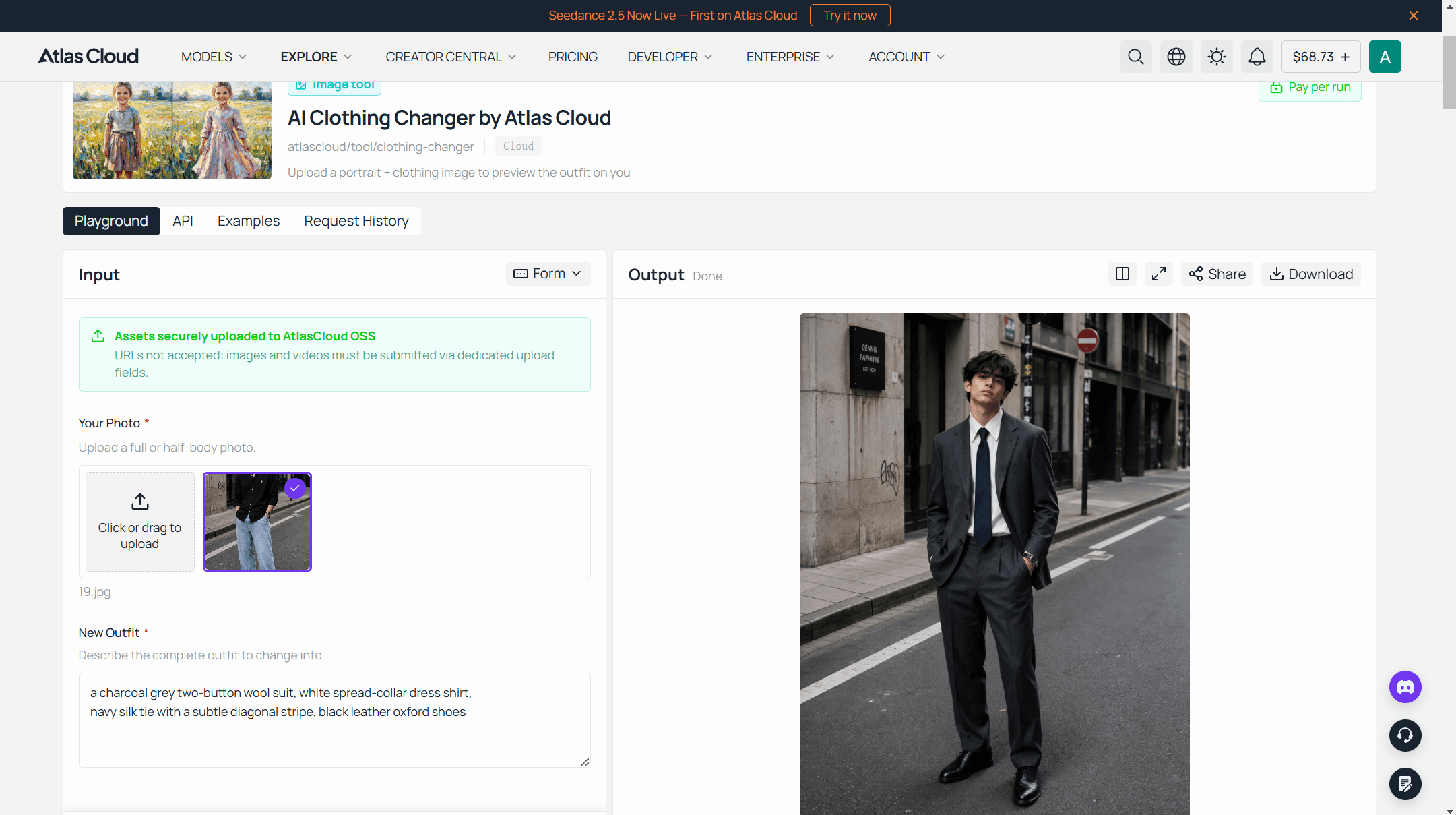 The Free Change Clothes AI interface with a casual photo uploaded and a charcoal suit description typed into the outfit field, ready to run.