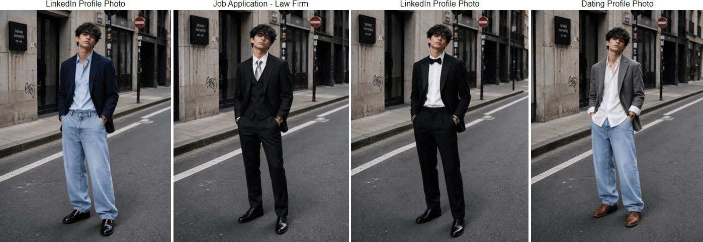 Four-panel grid of formal attire photo use cases, LinkedIn, job applications, event invitations, and dating profiles, each paired with a different outfit description approach.