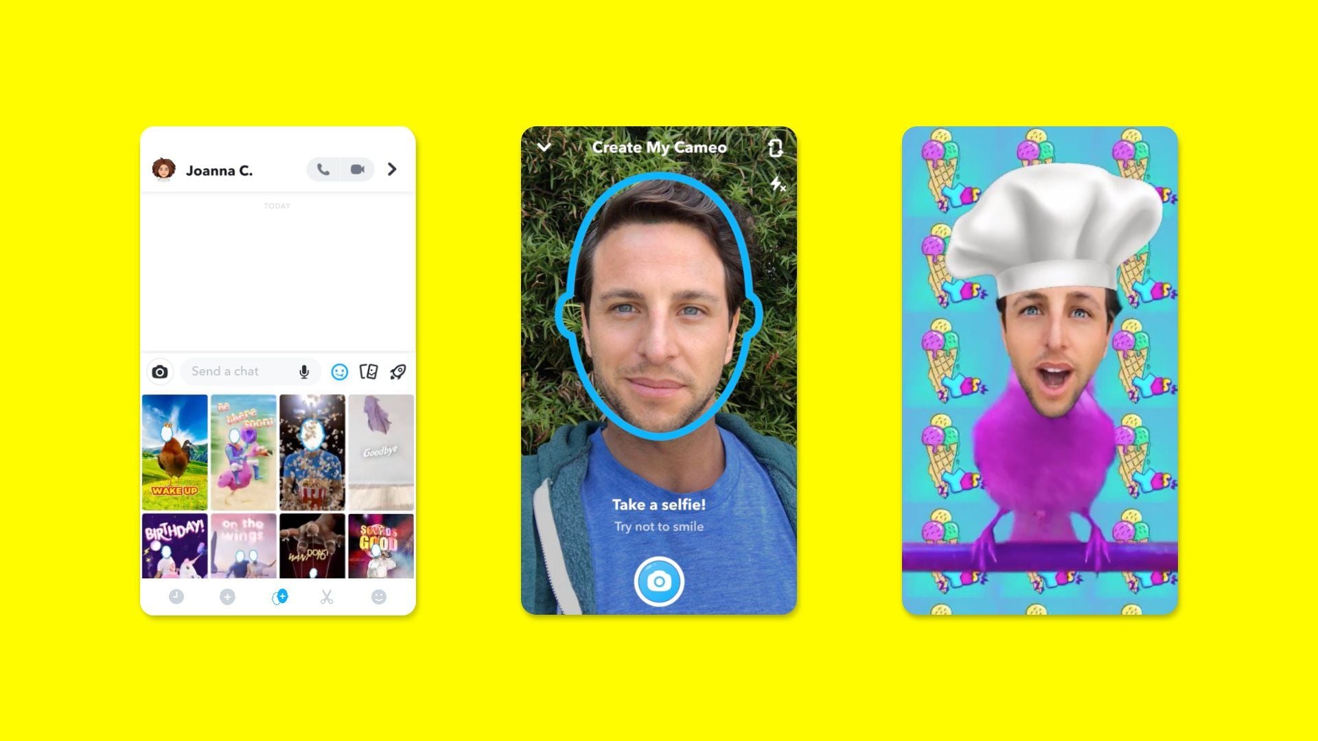 Amy Lee7月28日 18:54Three-panel Snap press image showing how Cameos worked in 2019, from sticker bar to selfie capture to the finished looping clip.