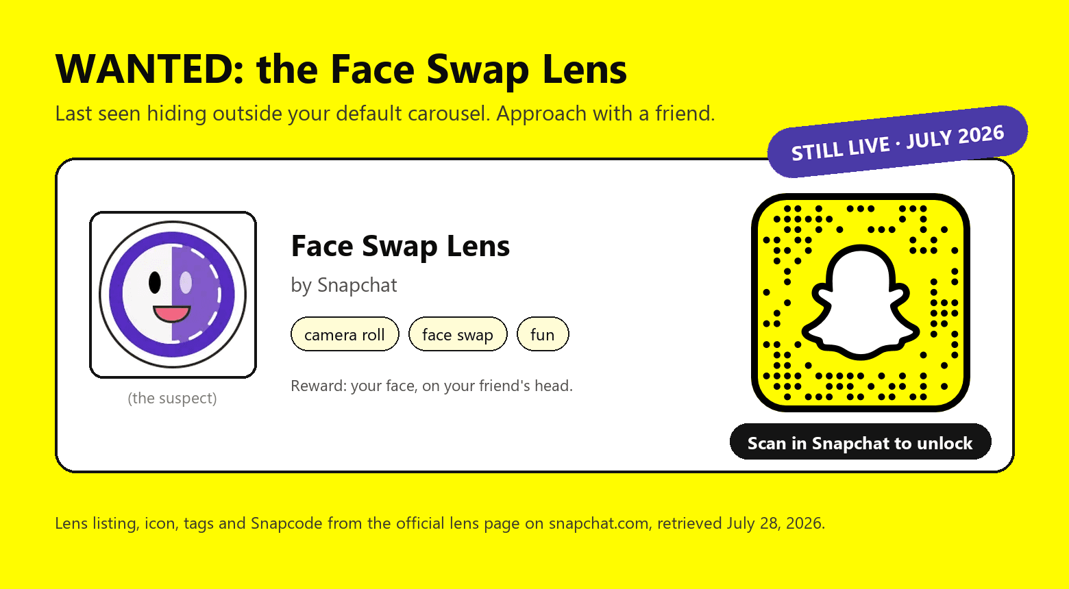 Playful wanted poster built from the official lens listing, with the lens icon, name and tags on the left and the scannable Snapcode on the right.