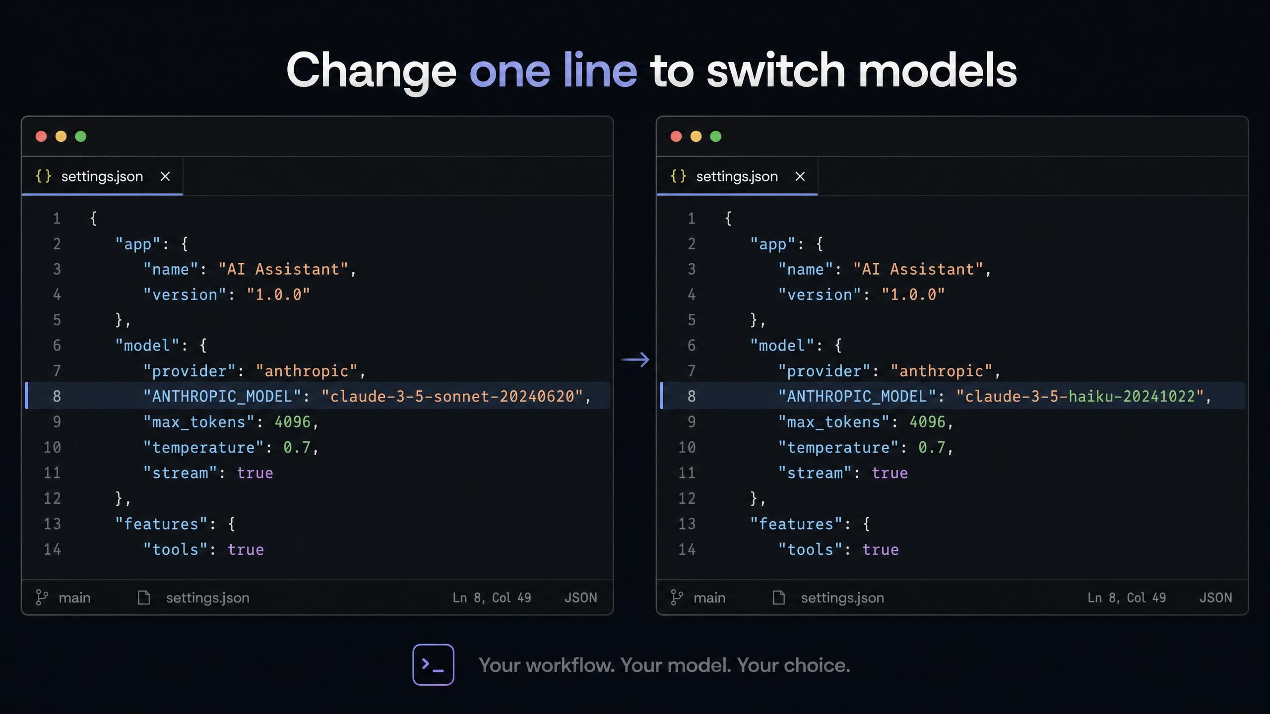 split-screen terminal showing settings json