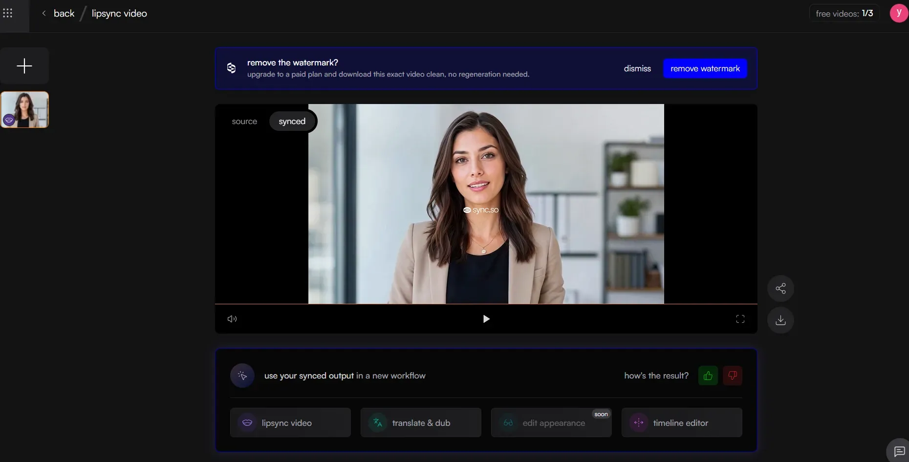 Sync.so dashboard showing completed lip-sync output with synchronized audio and video preview