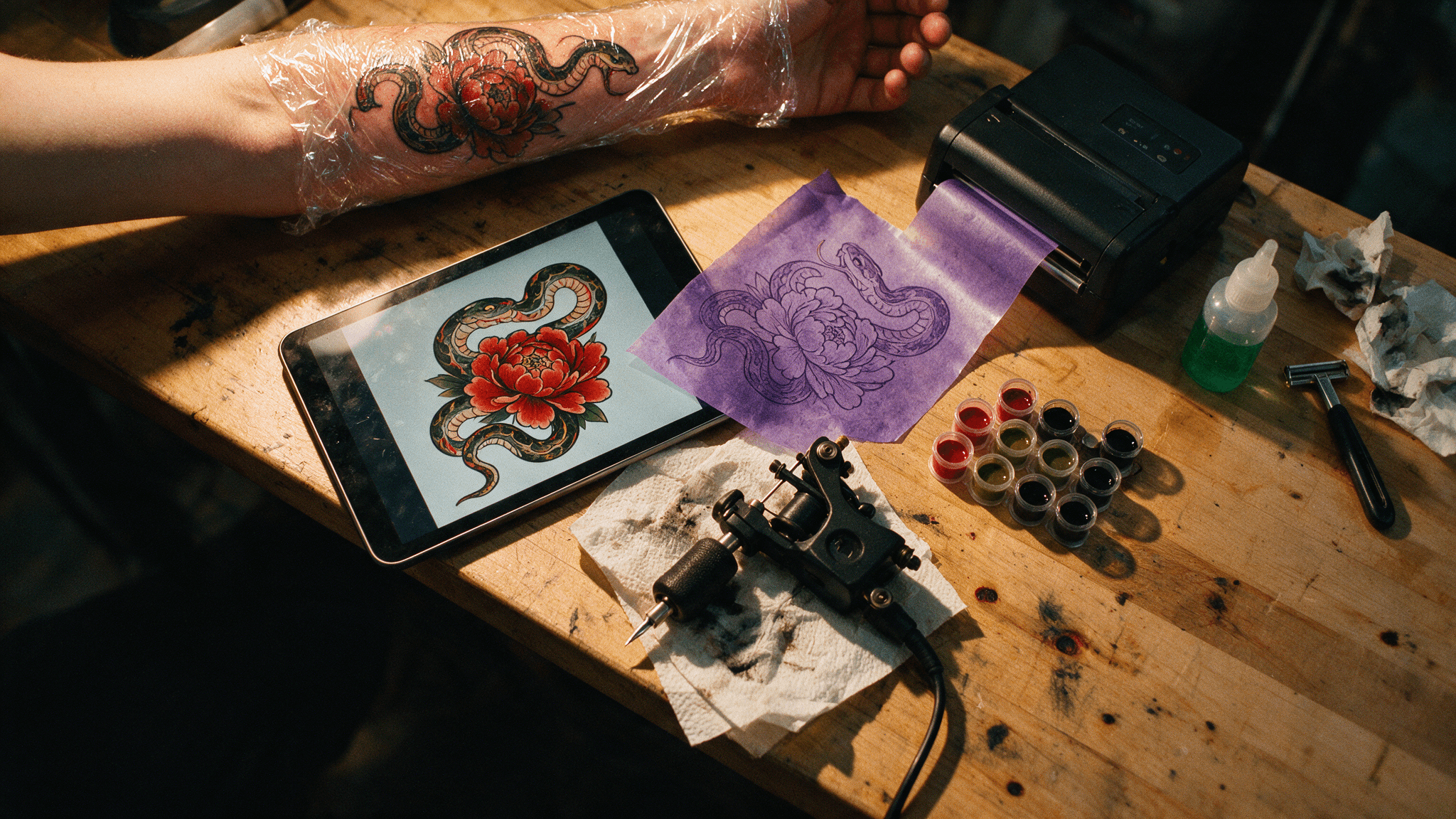Fresh snake tattoo on wrapped arm beside tablet and tattoo machine