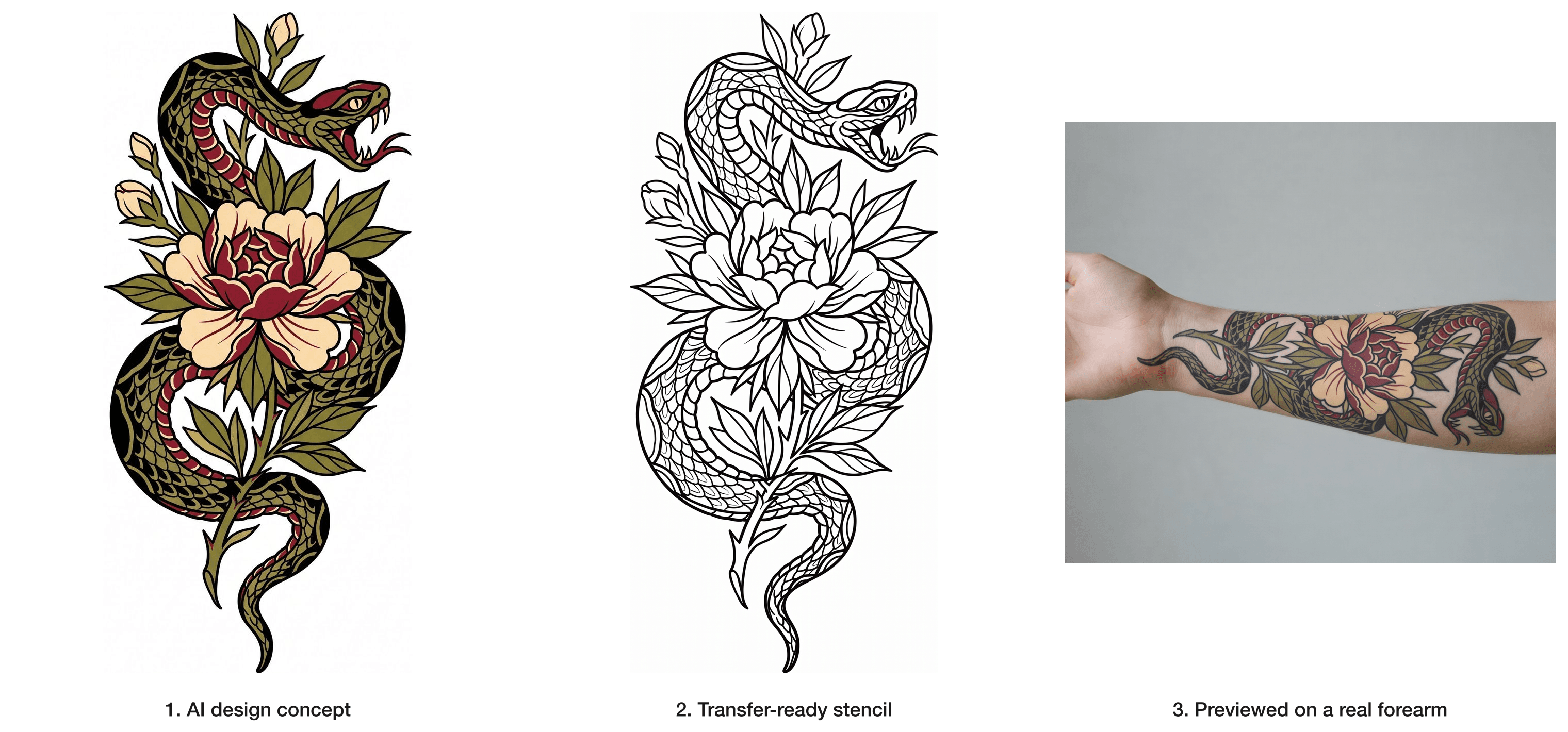 Snake and flower tattoo design concept, stencil, and forearm preview