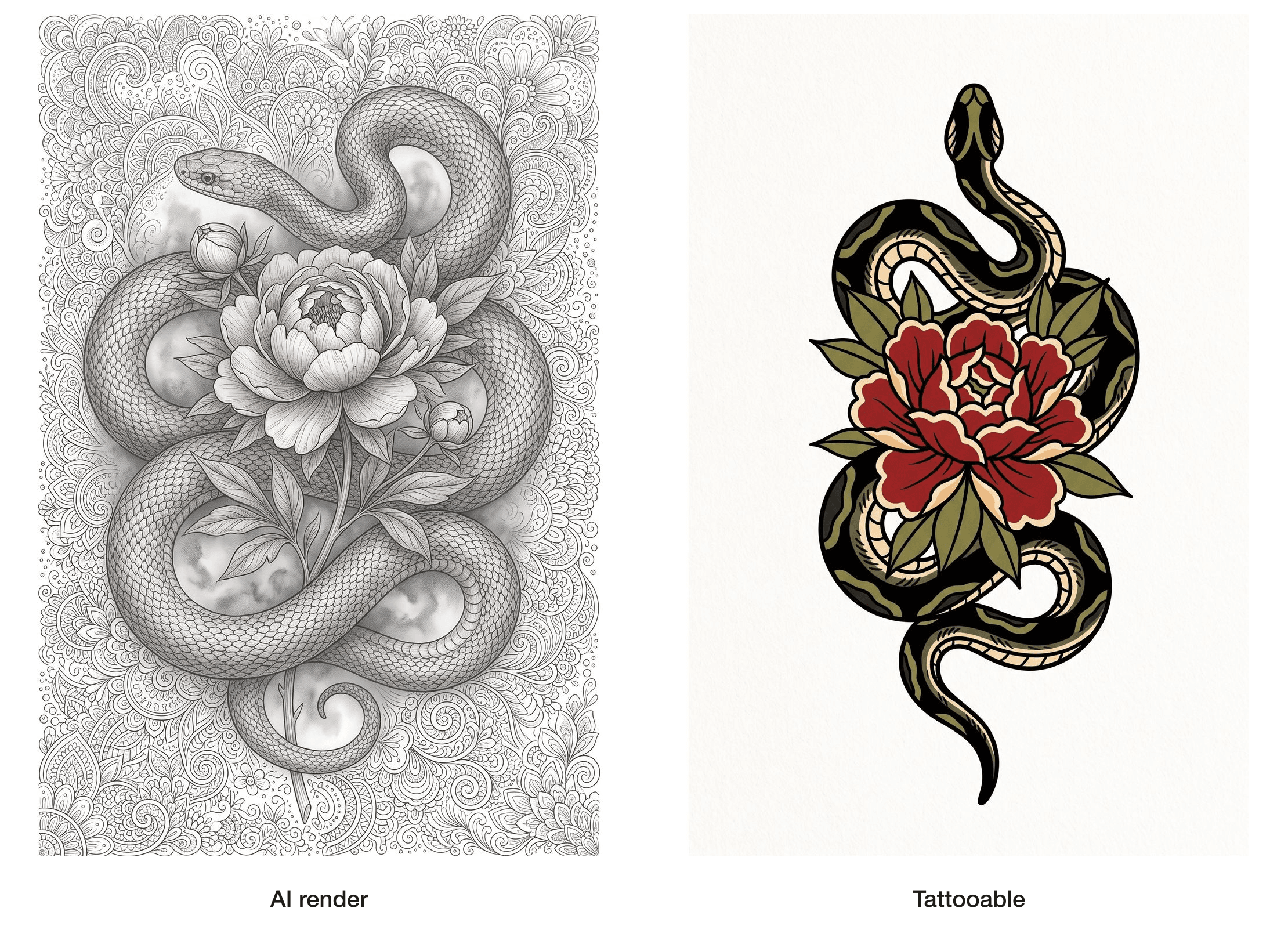 AI-rendered snake illustration next to a simplified tattoo design