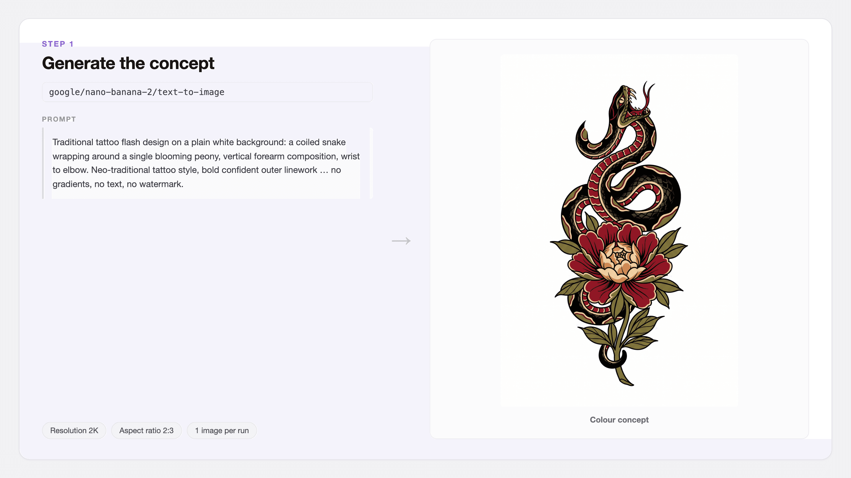 AI image generator interface showing a prompt and generated snake tattoo