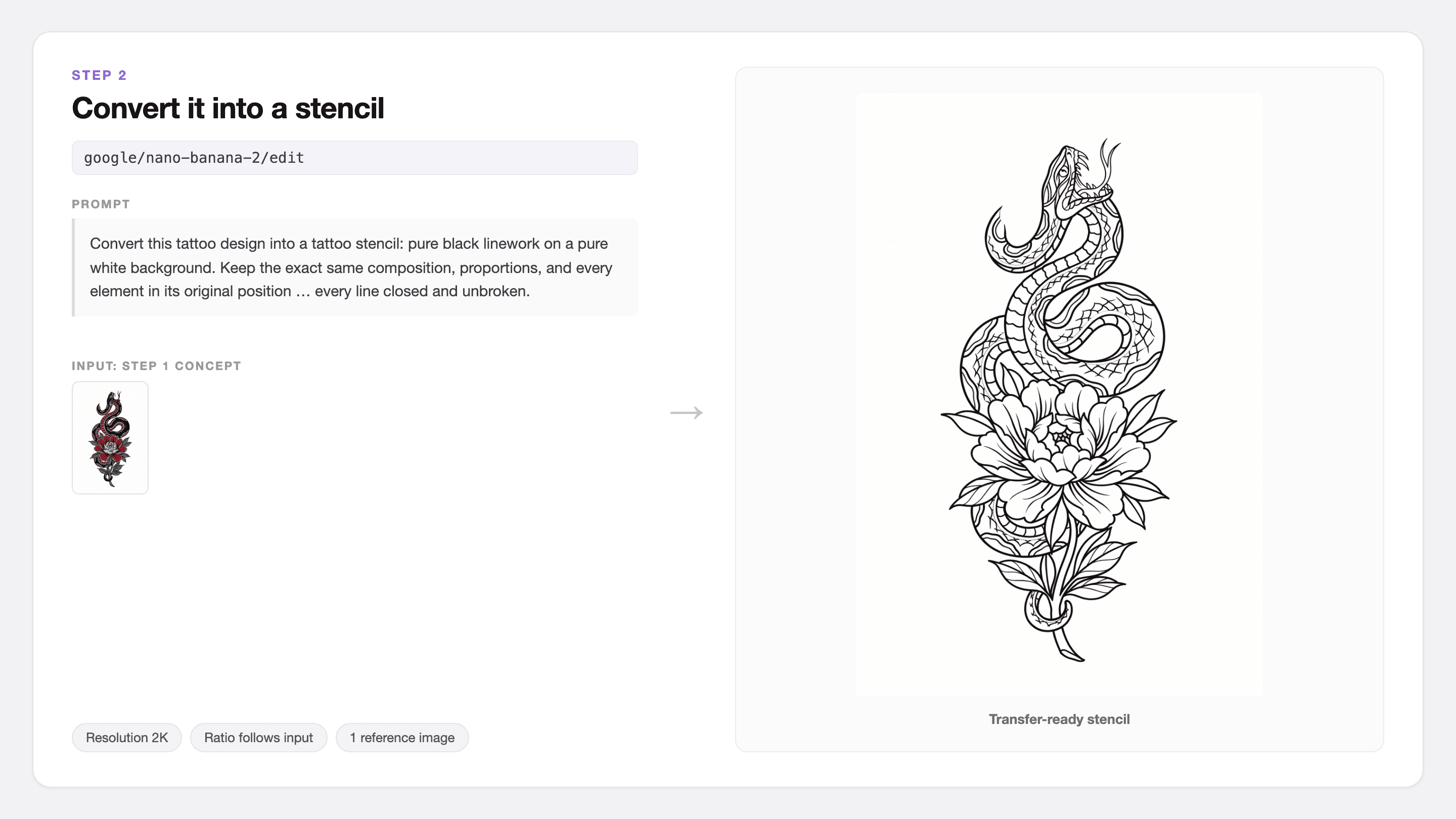 Interface showing a snake tattoo converted into a black line stencil