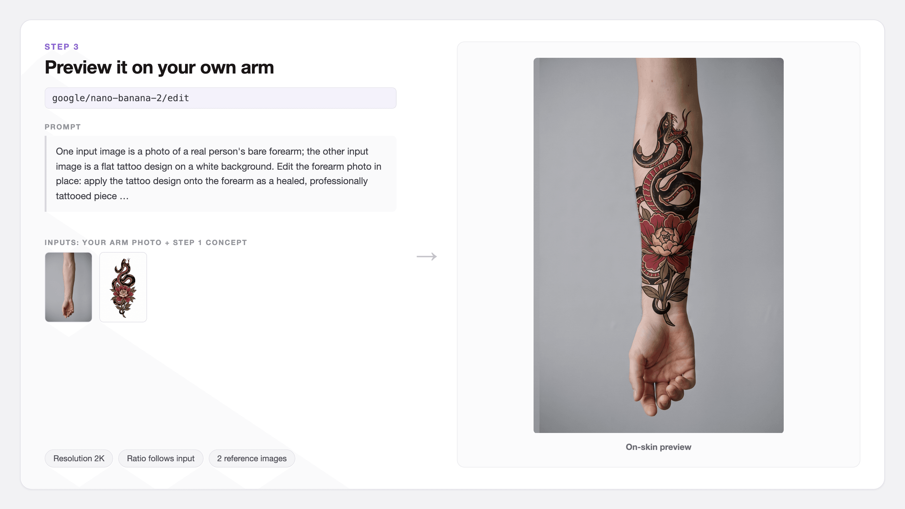 Interface showing a snake and flower tattoo previewed on a forearm