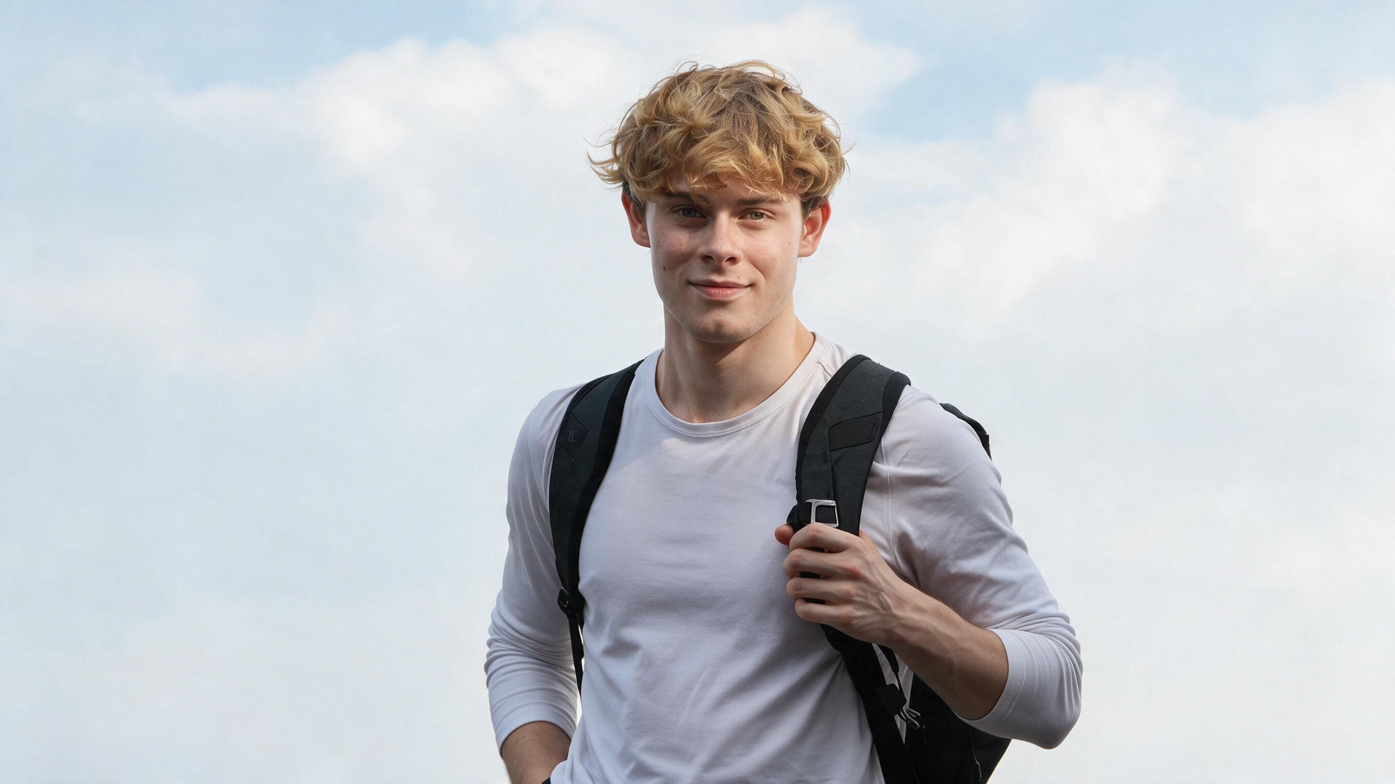 Smiling blonde man wearing a backpack against a cloudy sky
