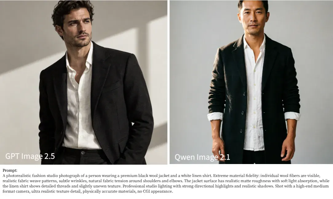 GPT Image 2.5 vs Qwen Image 2.1 fabric material fidelity