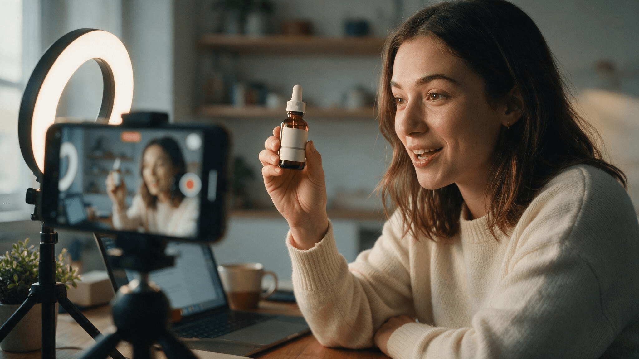 Creator filming a quick UGC product ad video on a smartphone, holding a serum bottle toward the camera in a home studio setup.