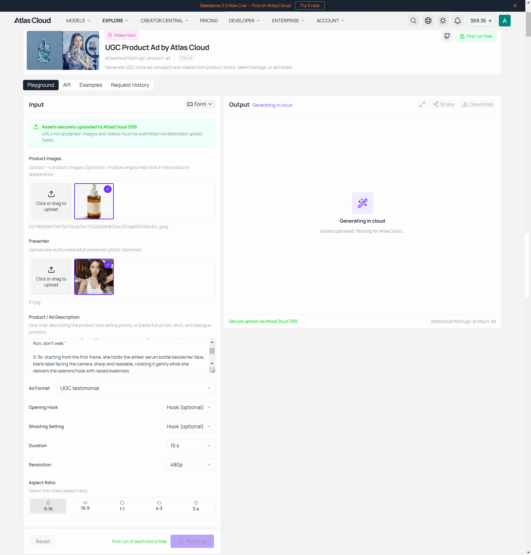 The Atlas Cloud UGC Product Ad tool turning a product photo and a one-line brief into a quick UGC product ad video, with format and hook options on screen.