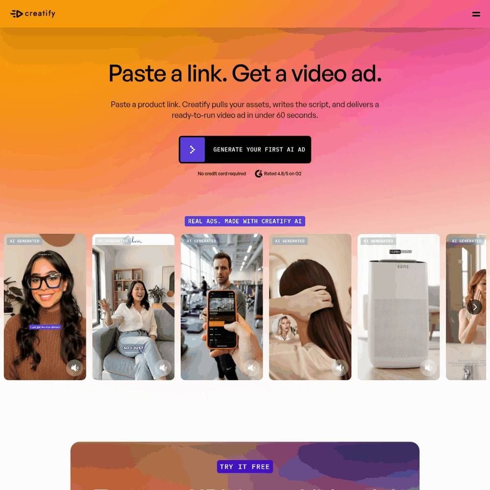 Creatify URL-to-video workflow page, where pasting a product page link starts an AI UGC ad generation.