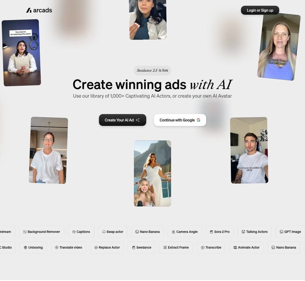 Arcads homepage with AI actor samples for UGC product ads and its script-first ad creation entry point.