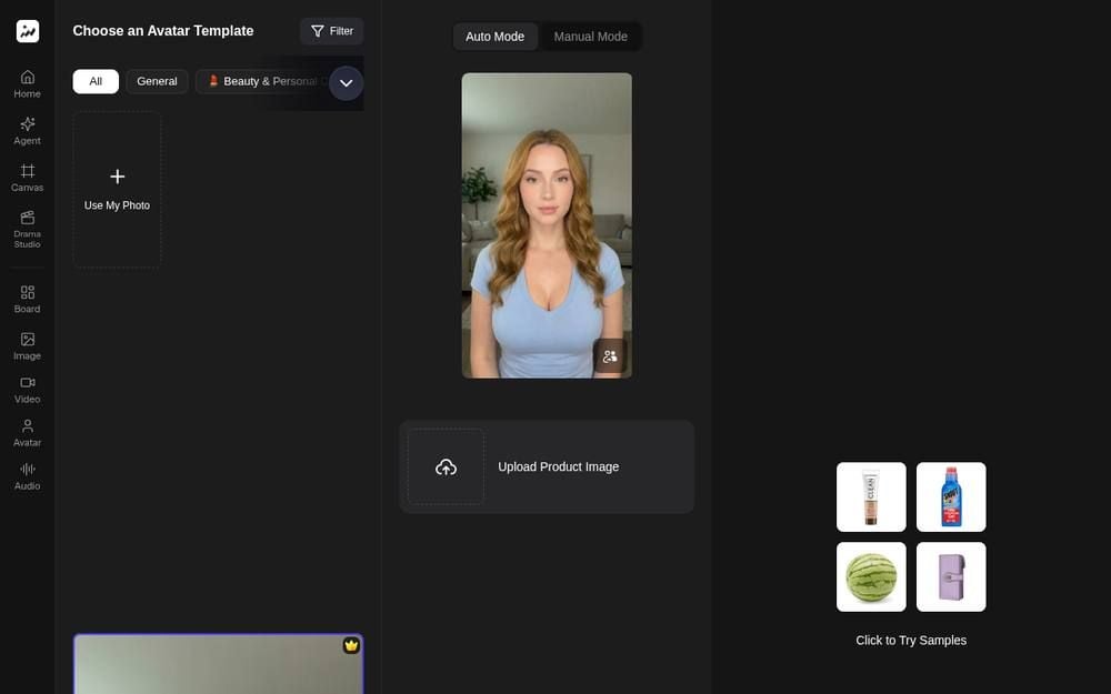 Topview Product Avatar interface for UGC product ads, combining an avatar template with an uploaded product photo.
