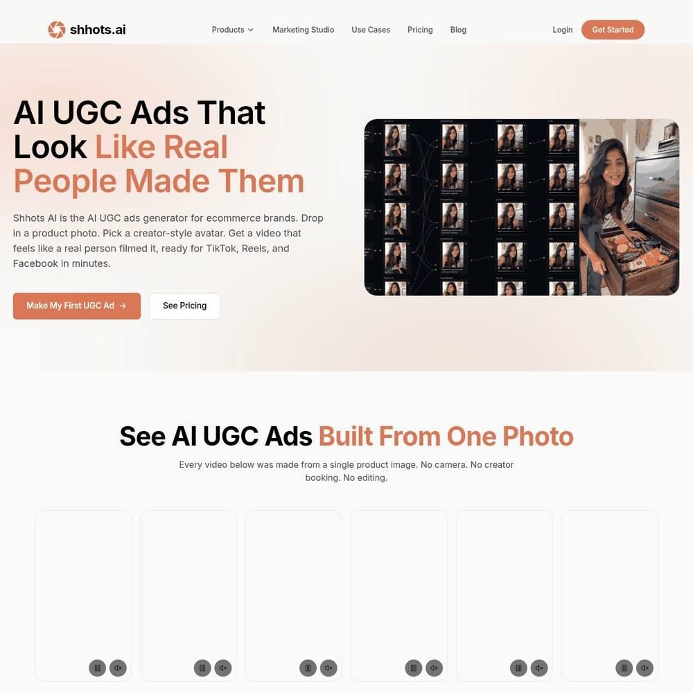 Shhots AI UGC ads workflow page, showing the upload, intent, controls, and generate steps for quick UGC product ad videos.