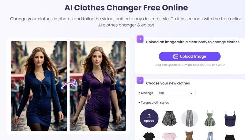 Vidnoz AI Clothes Changer interface showing the photo upload step and the preset outfit template grid with a custom upload option.