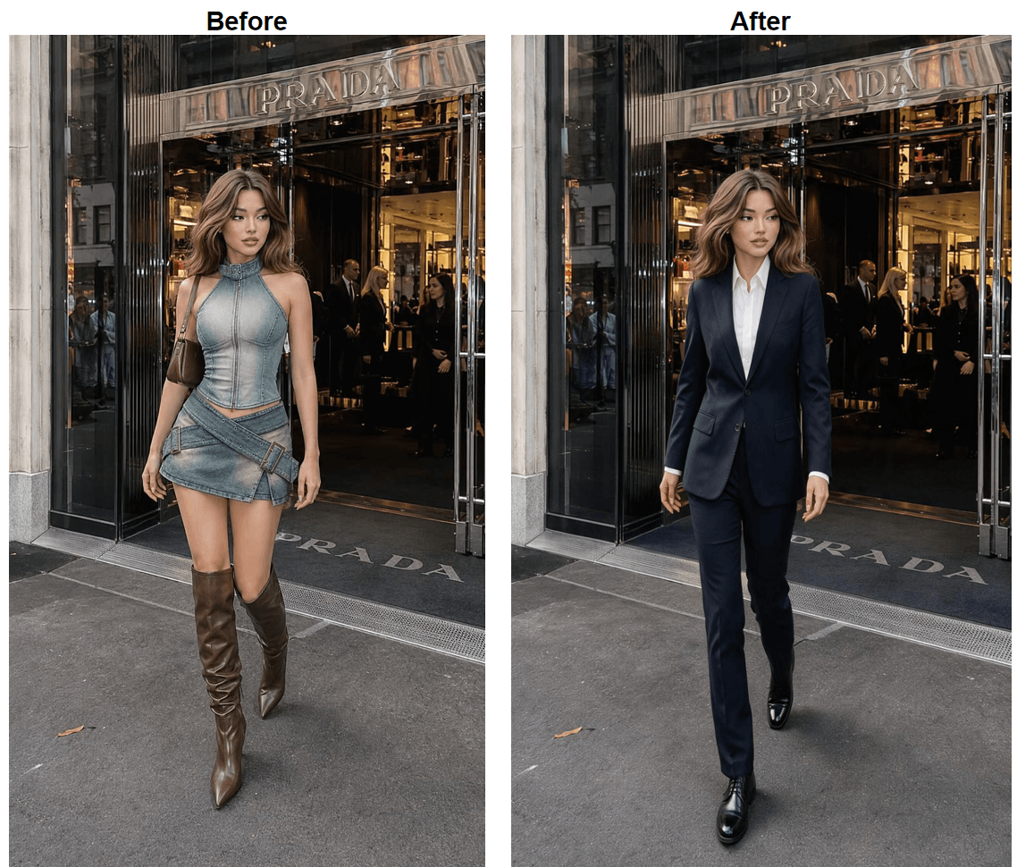 Before and after produced by the Atlas Cloud clothes changer, the original outfit on the left and an AI-generated navy suit on the right with the same face and pose.