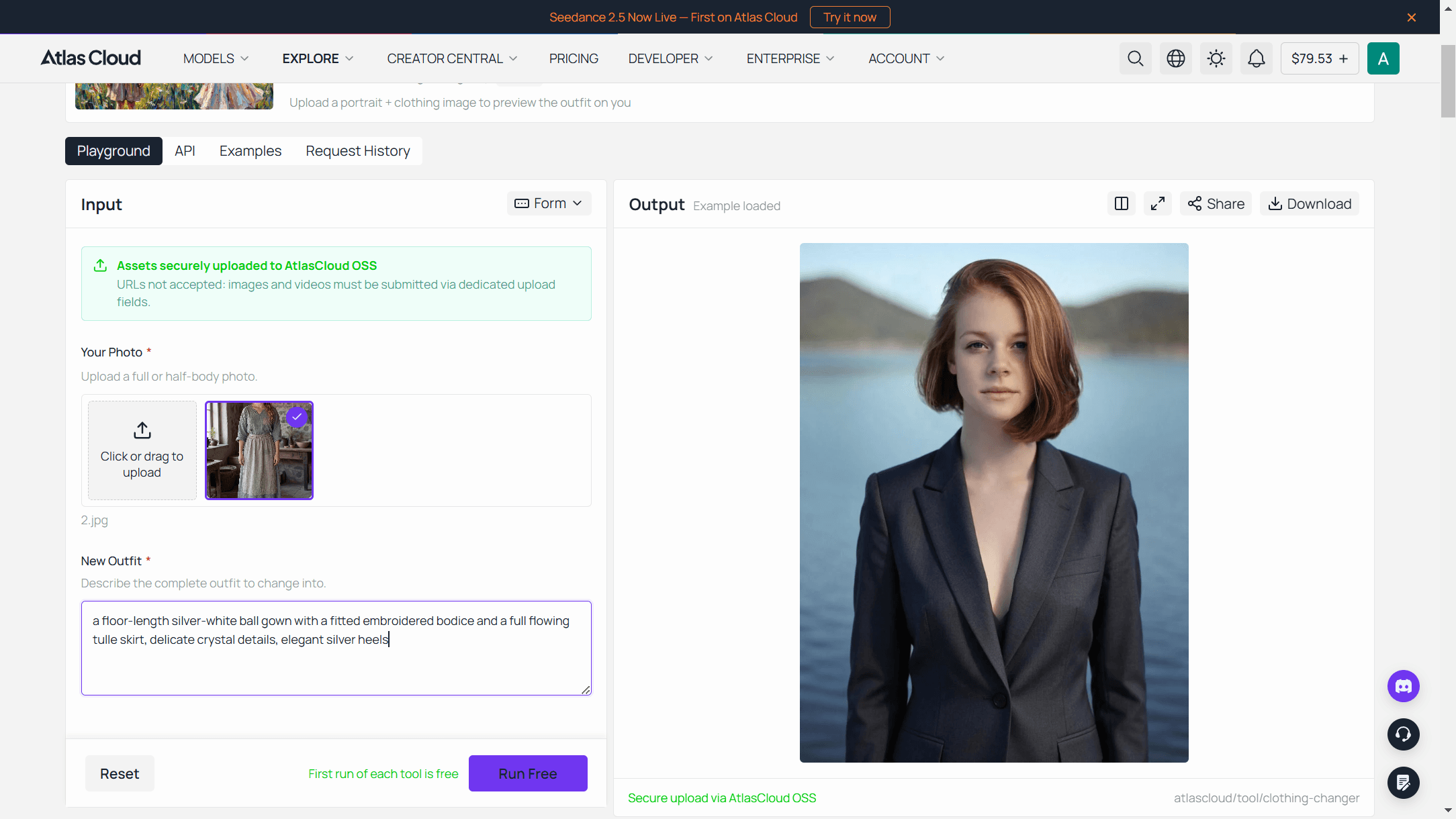 The Atlas Cloud AI clothes changer interface, showing the uploaded photo, the outfit description box, and the free first run.