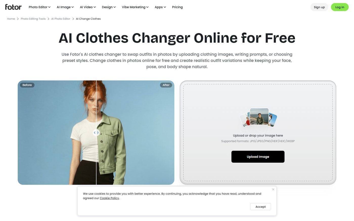 Fotor AI clothes changer landing page, the browser-based entry point for its outfit editing feature.