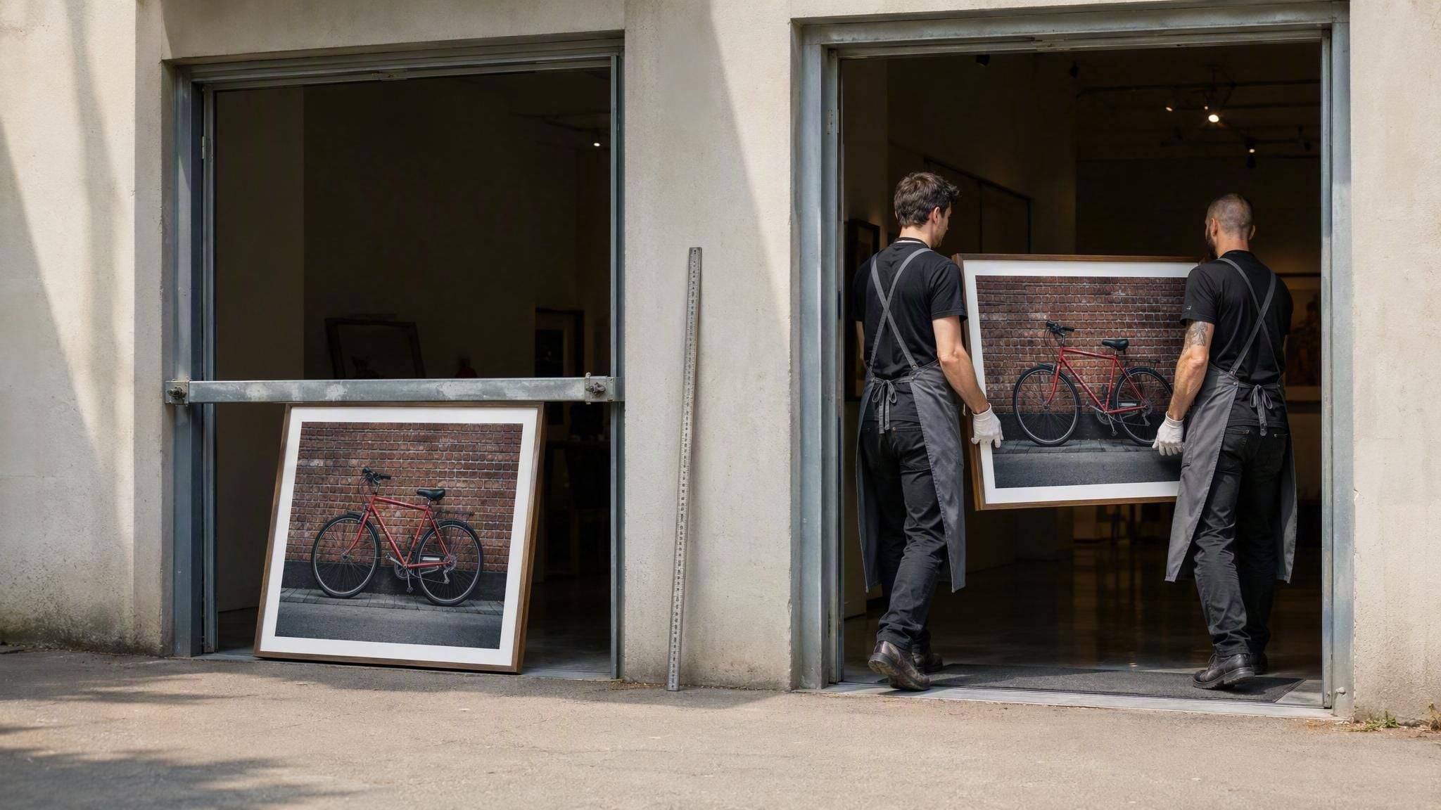 Photorealistic photo of two gallery loading doors: a low steel bar blocks a large framed picture at the left door while an identical frame passes cleanly through the right door, an image of an Adobe background remover alternative that takes files at full size.