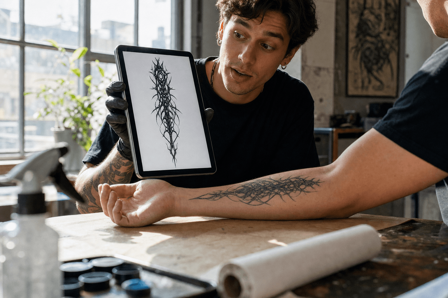 Tattoo artist compares a tablet design with a client's forearm tattoo