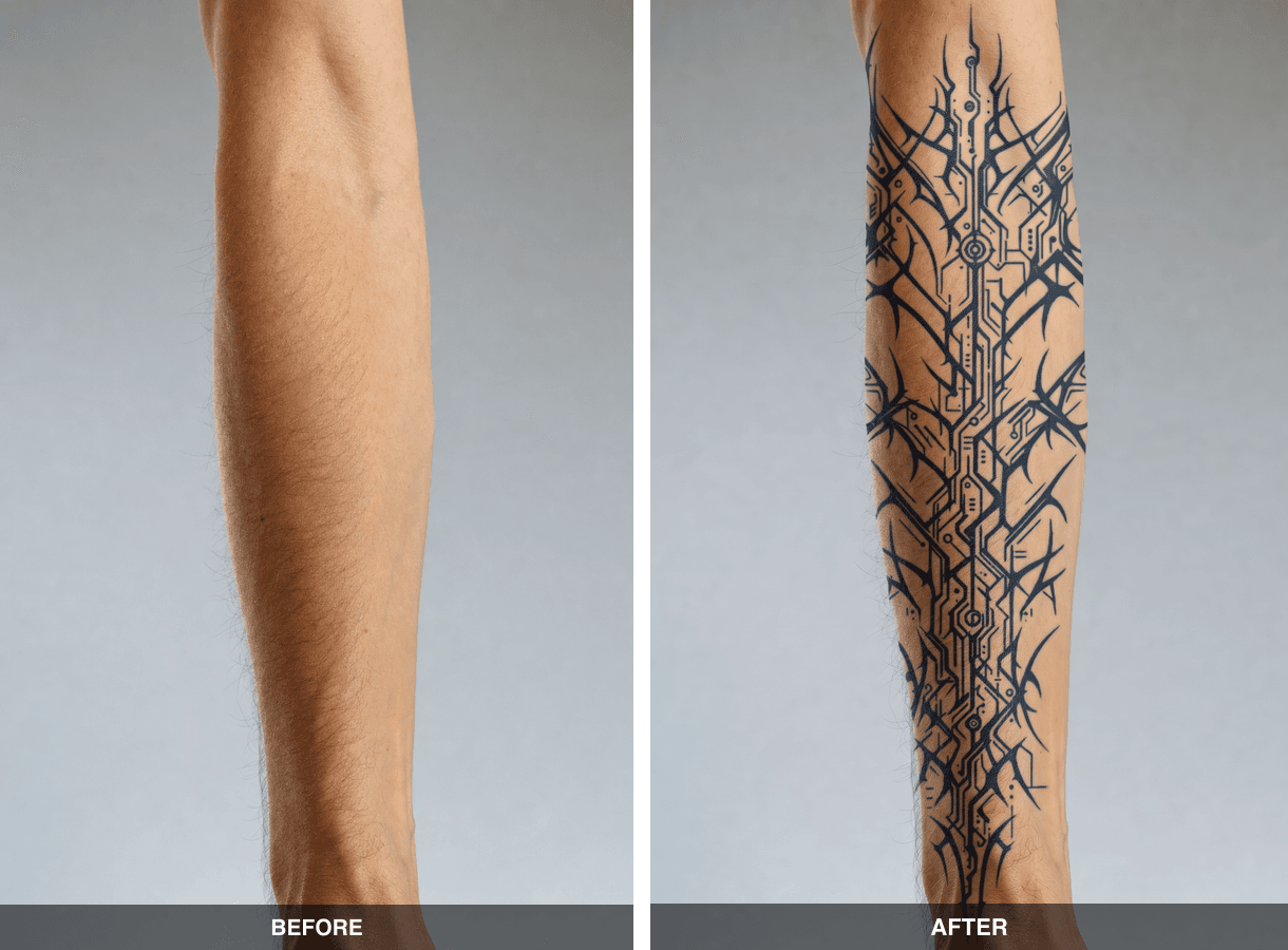 Before and after comparison of a black geometric tattoo on a leg