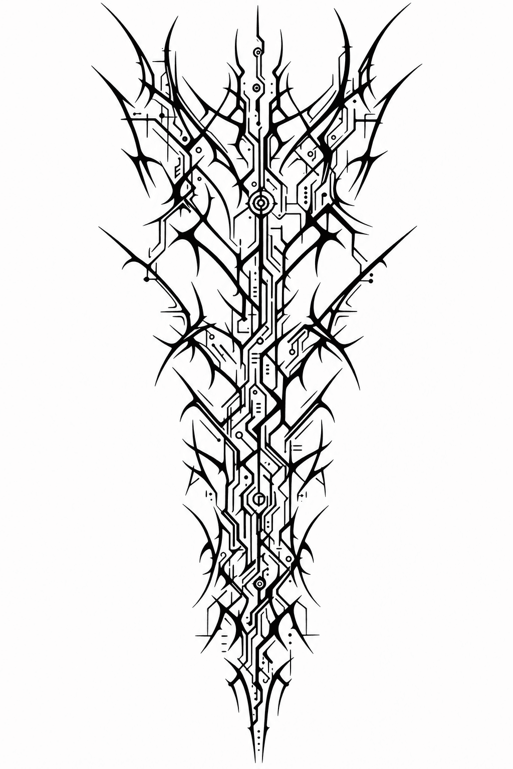 Symmetrical black tattoo design combining sharp thorns and futuristic circuit lines