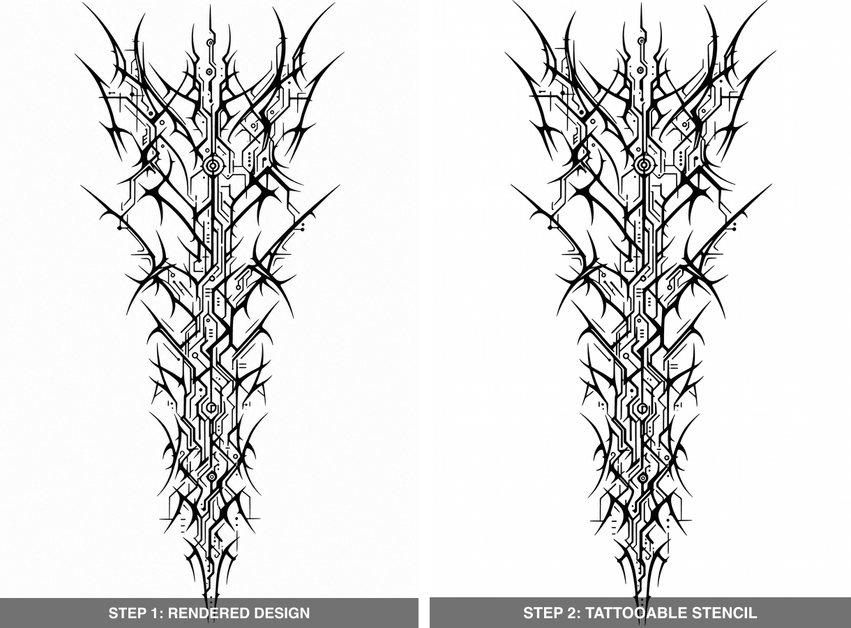 Side-by-side comparison of a cyber-tribal tattoo design and stencil