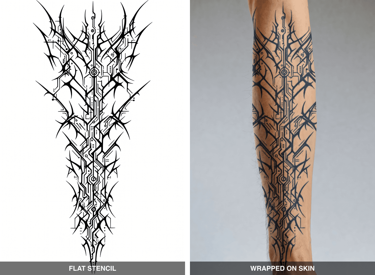 Cyber-tribal tattoo design shown flat and applied to an arm