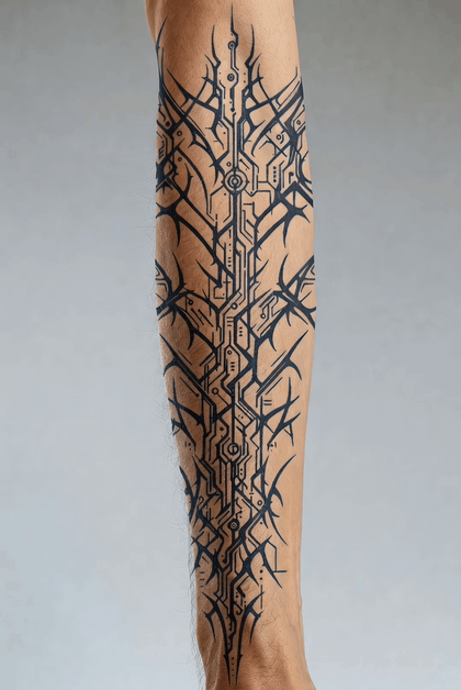 Black ink geometric tattoo with circuit patterns on an arm