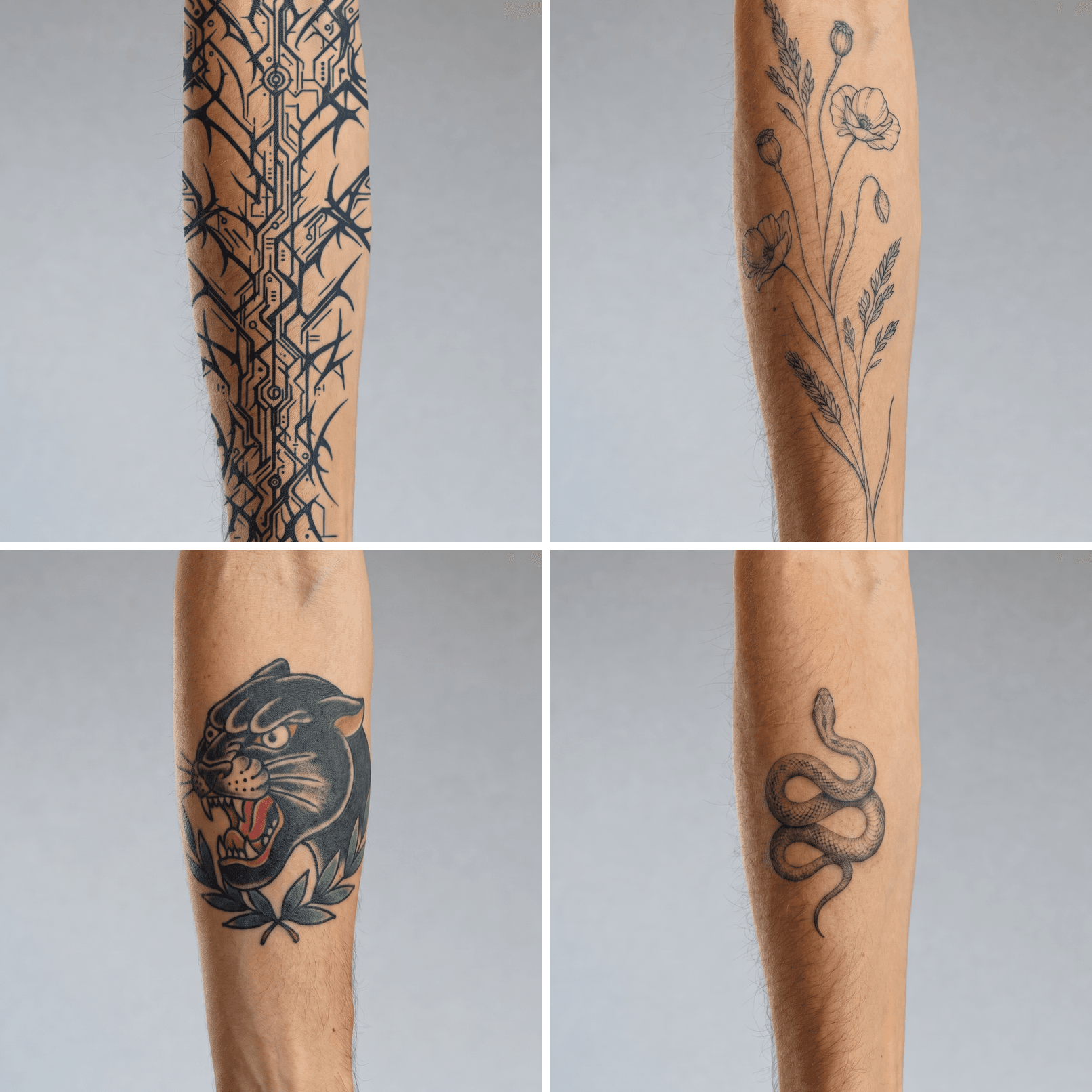 Four forearm tattoos featuring geometric, floral, panther, and snake designs