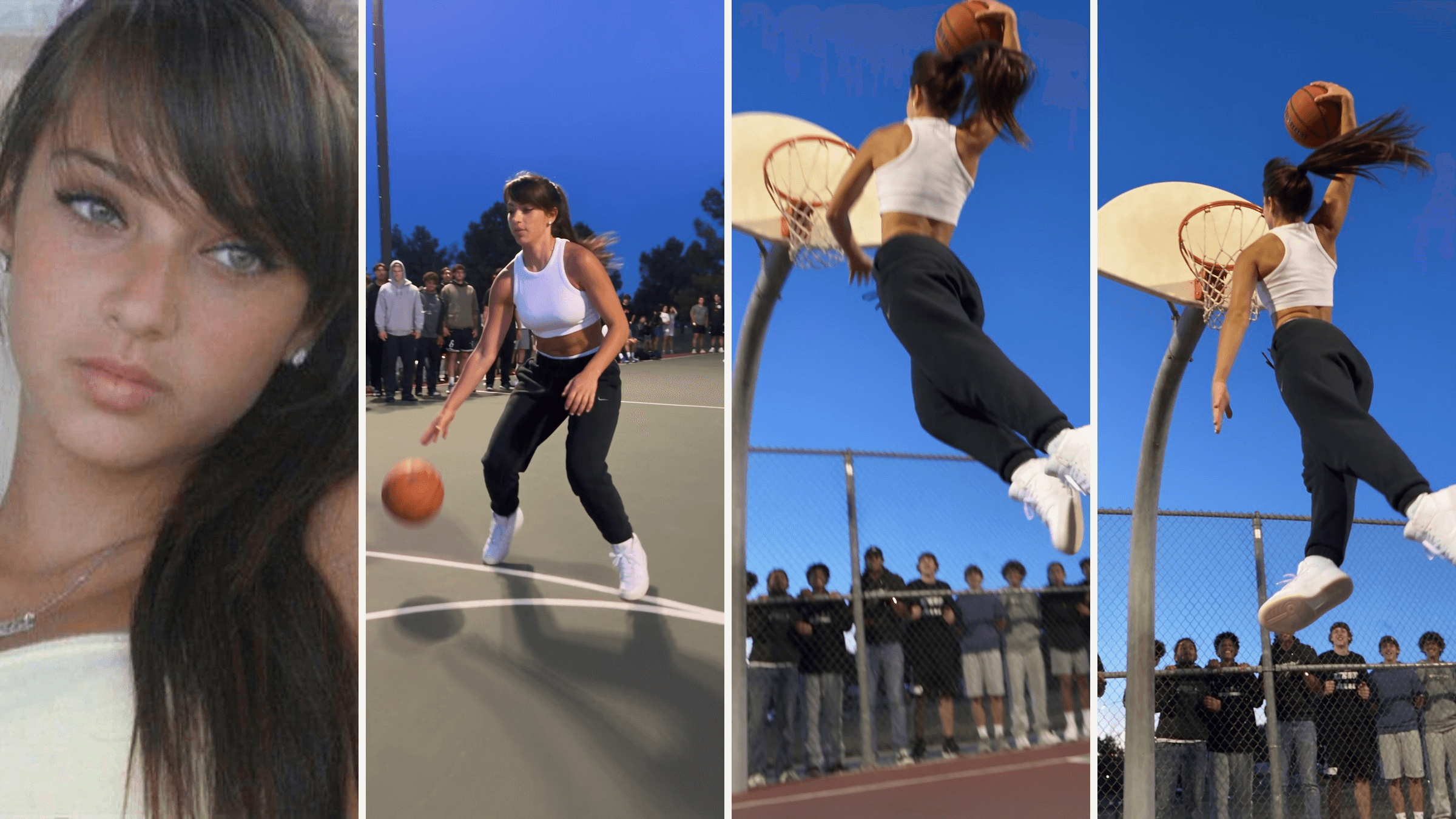 AI dunk video hero image showing a woman's original portrait photo, then three frames from the clip made from it: dribbling at dusk, taking off toward the rim and a one-hand dunk over a crowd at the fence