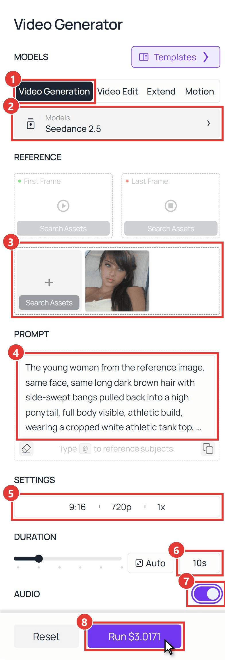 How to make an AI dunk video in the Atlas Cloud video generator, numbered boxes on the Video Generation tab, the Seedance 2.5 model, a portrait in the reference upload, the dunk prompt, 9:16 at 720p, a 10-second duration, Audio on and the Run button
