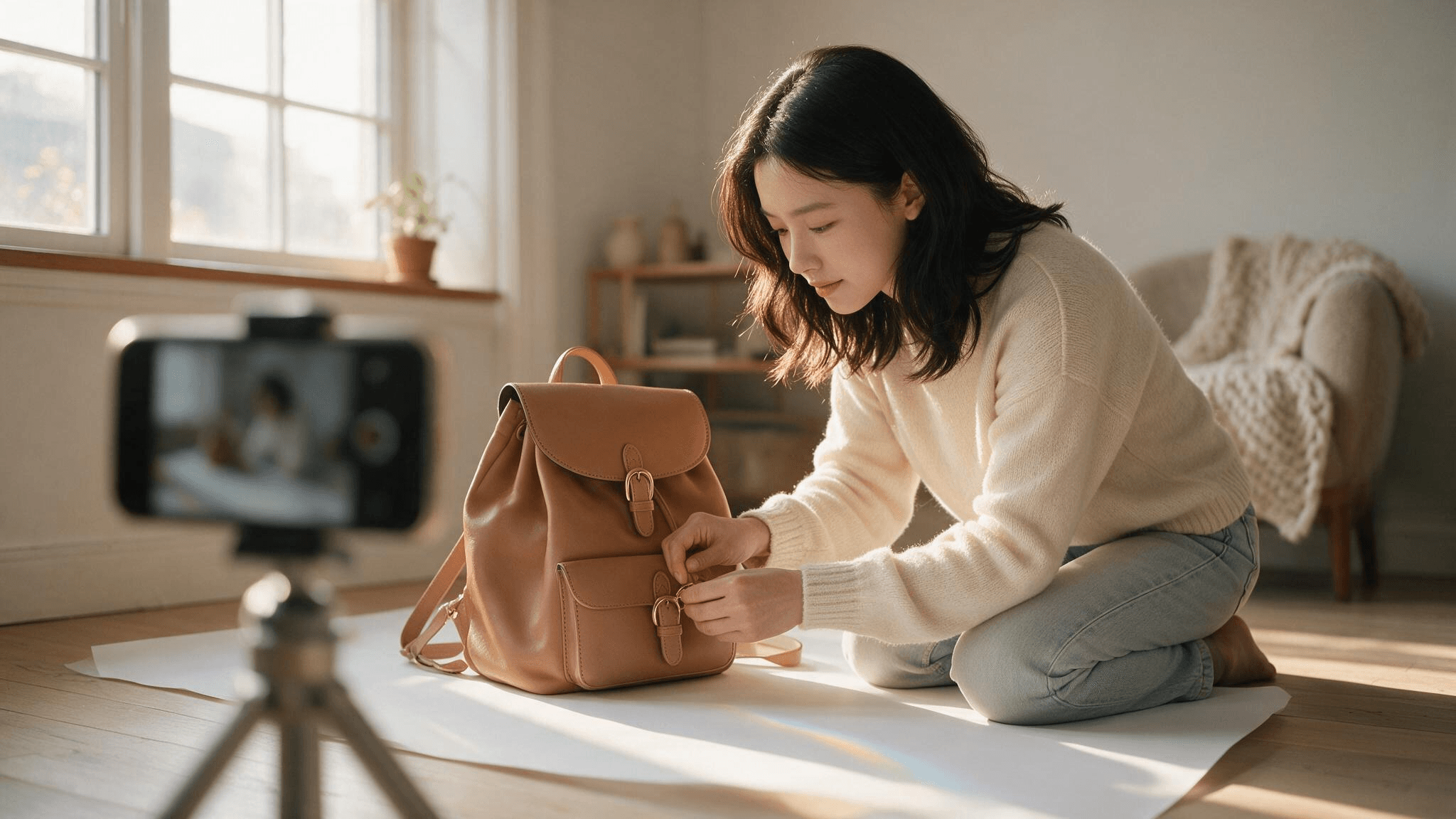 A young woman kneeling on a pale oak floor fastens the brass buckle of a tan leather flap backpack standing on a white paper sweep, with a phone on a small tripod framing the shot in warm afternoon window light