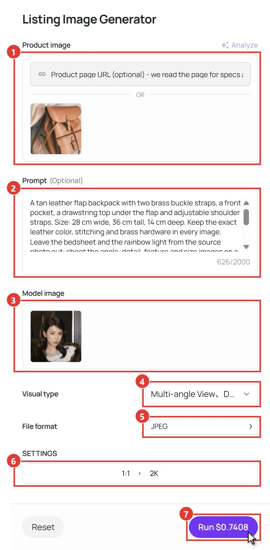 Listing Image Generator workflow on Atlas Cloud with numbered red boxes on Product image, Prompt, Model image, Visual type, File format JPEG and SETTINGS at 1:1 and 2K, and the cursor on the Run button