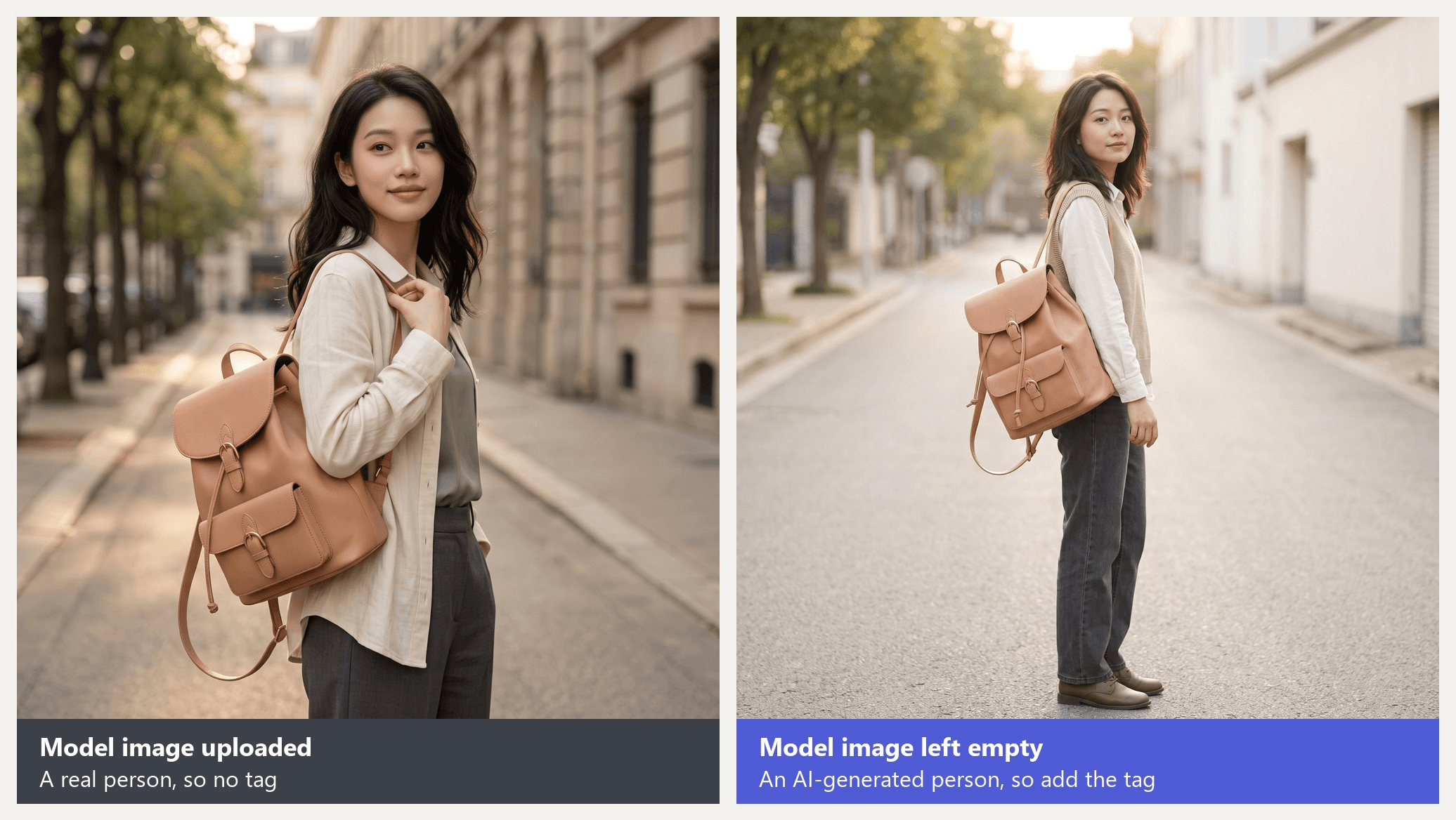Two Amazon on-model images of the same tan leather backpack: on the left a real model photographed on a city street, labeled model image uploaded, a real person, so no tag; on the right an AI-generated woman on a quiet street, labeled model image left empty, an AI-generated person, so add the tag