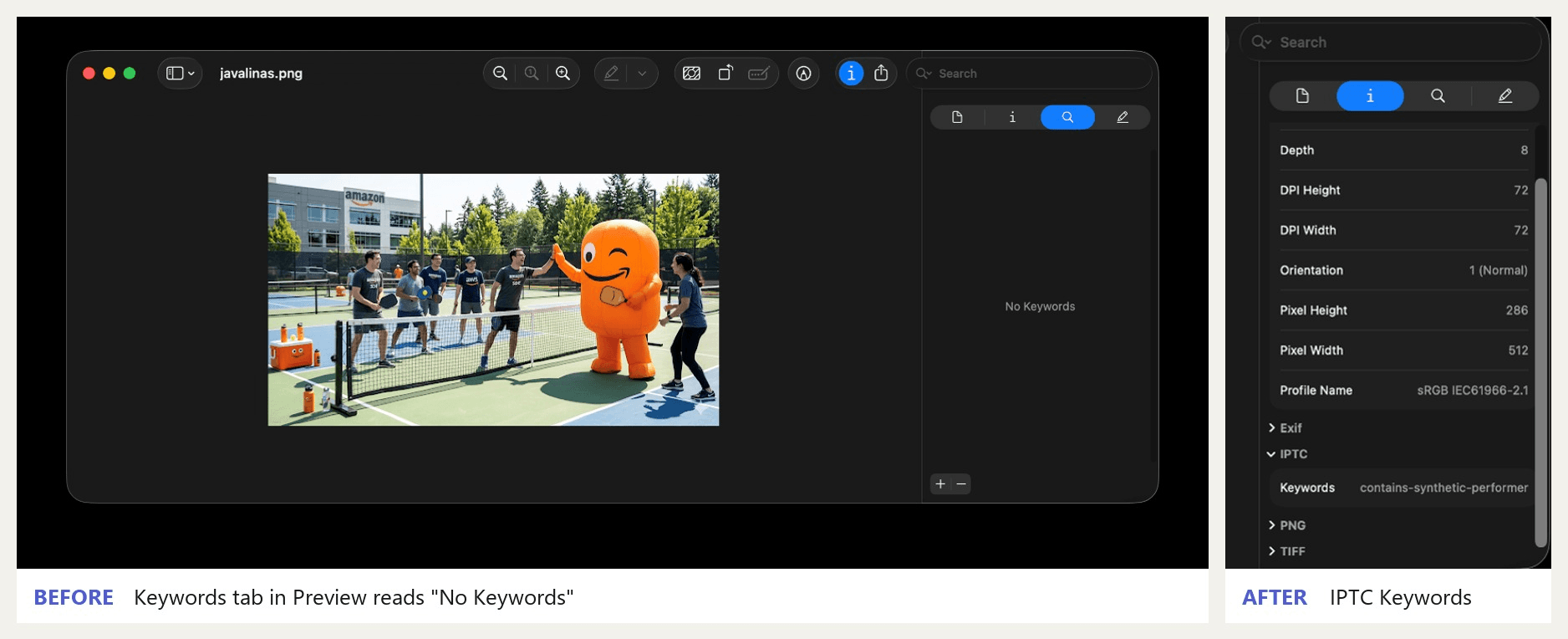 Amazon's Preview screenshots for the contains-synthetic-performer tag: before, the Keywords tab of an image reads No Keywords; after, the inspector lists contains-synthetic-performer under IPTC Keywords
