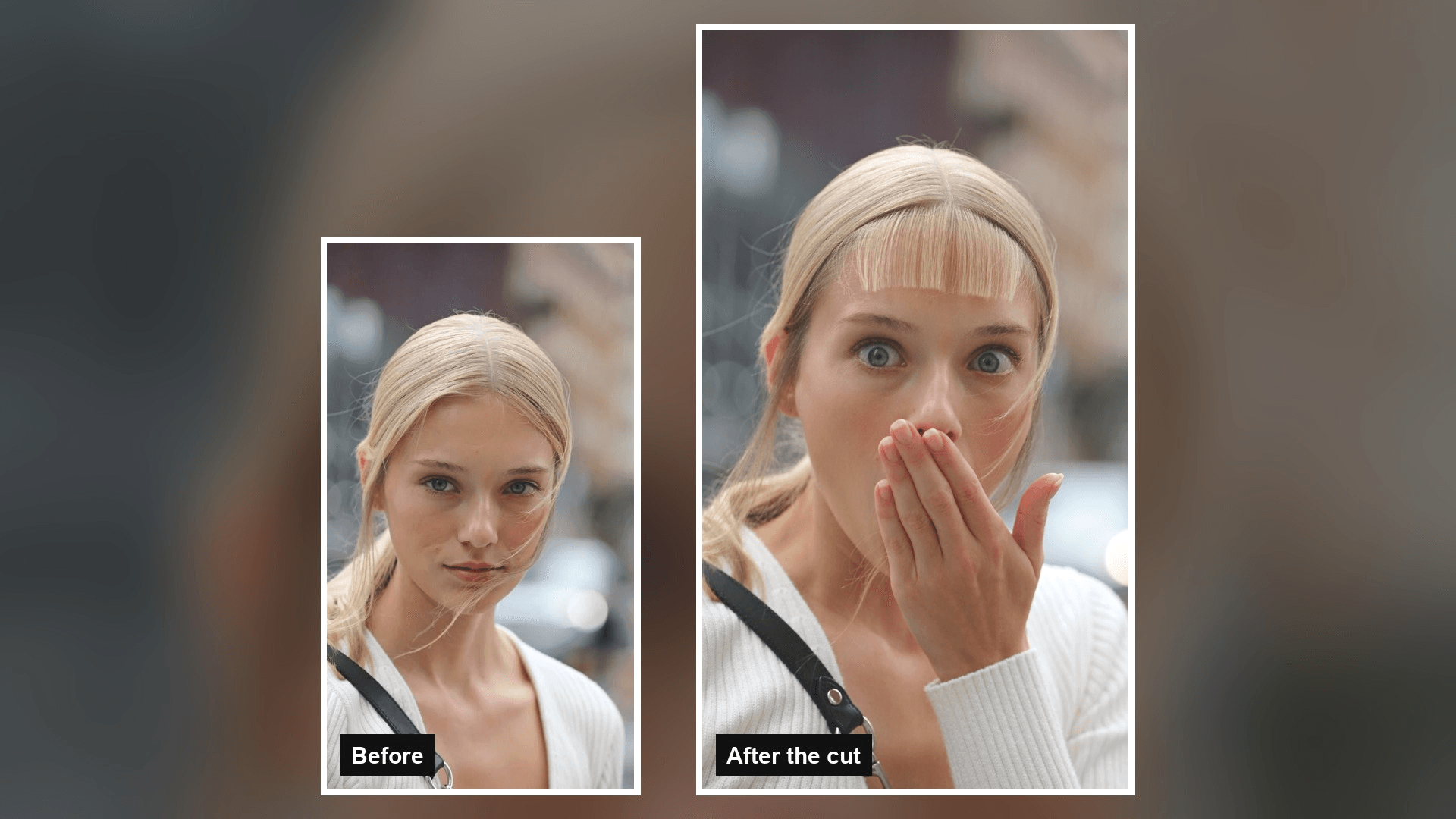 Bangs filter prank before and after, a woman with slicked-back blonde hair in her original photo next to the final frame of an AI video where she has a fresh blunt fringe and covers her mouth in shock