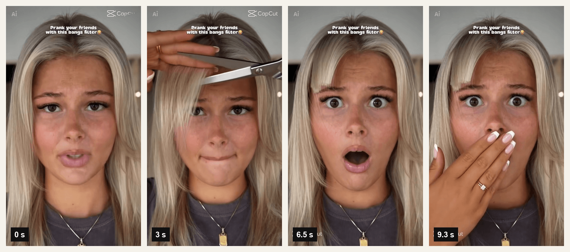 angs filter prank CapCut template BANGS PRANK in four frames, long blonde hair at 0 seconds, scissors cutting across the forehead at 3 seconds, a new fringe and shocked face at 6.5 seconds and a hand over the mouth at 9.3 seconds Template preview published by its creator on CapCut. The preview is a video; frames shown at 0, 3, 6.5 and 9.3 seconds.