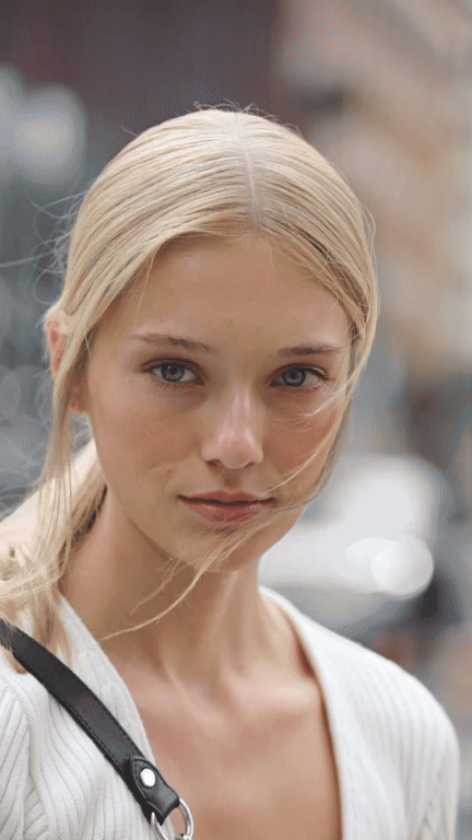 AI bangs video made with Seedance 2.5, a woman with slicked-back blonde hair pulls a section forward, scissors cut a blunt fringe above her eyebrows, and she covers her mouth in shock