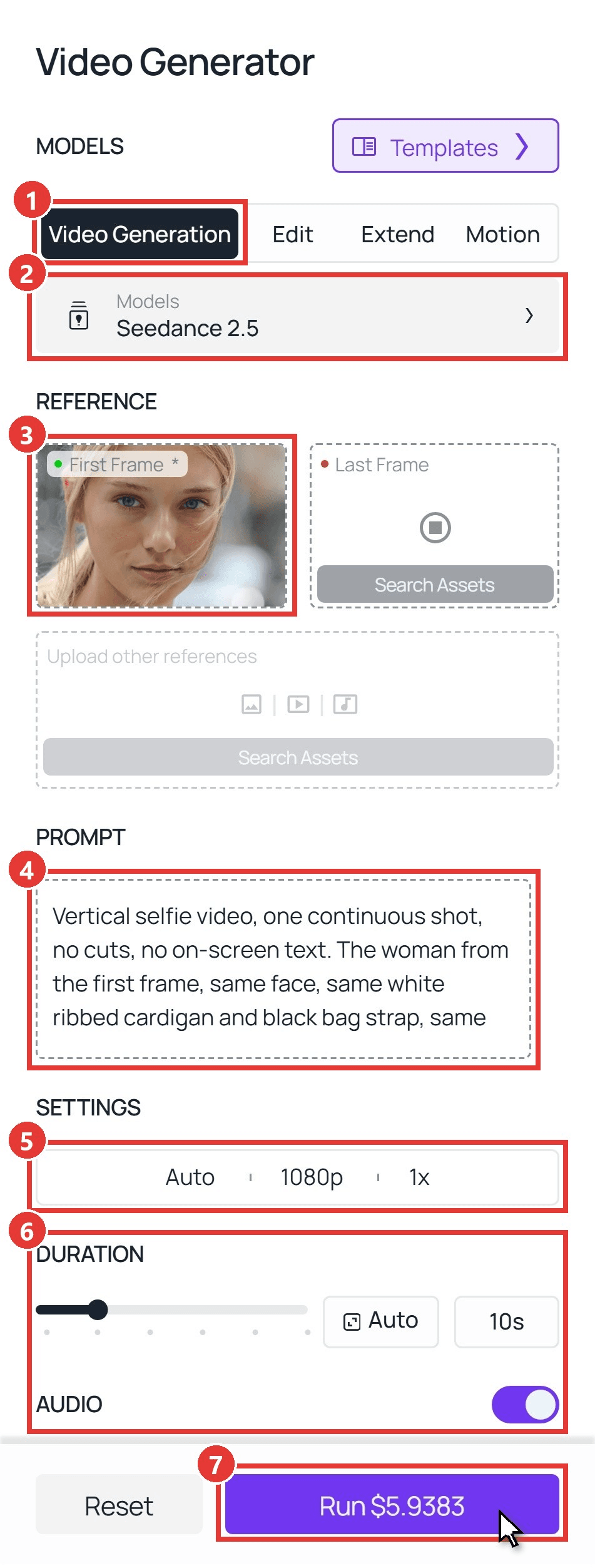 Bangs filter prank steps in the Atlas Cloud video generator, numbered boxes on the Video Generation tab, the Seedance 2.5 model, the First Frame upload, the cut bangs prompt, 1080p, the 10-second duration and the Run button
