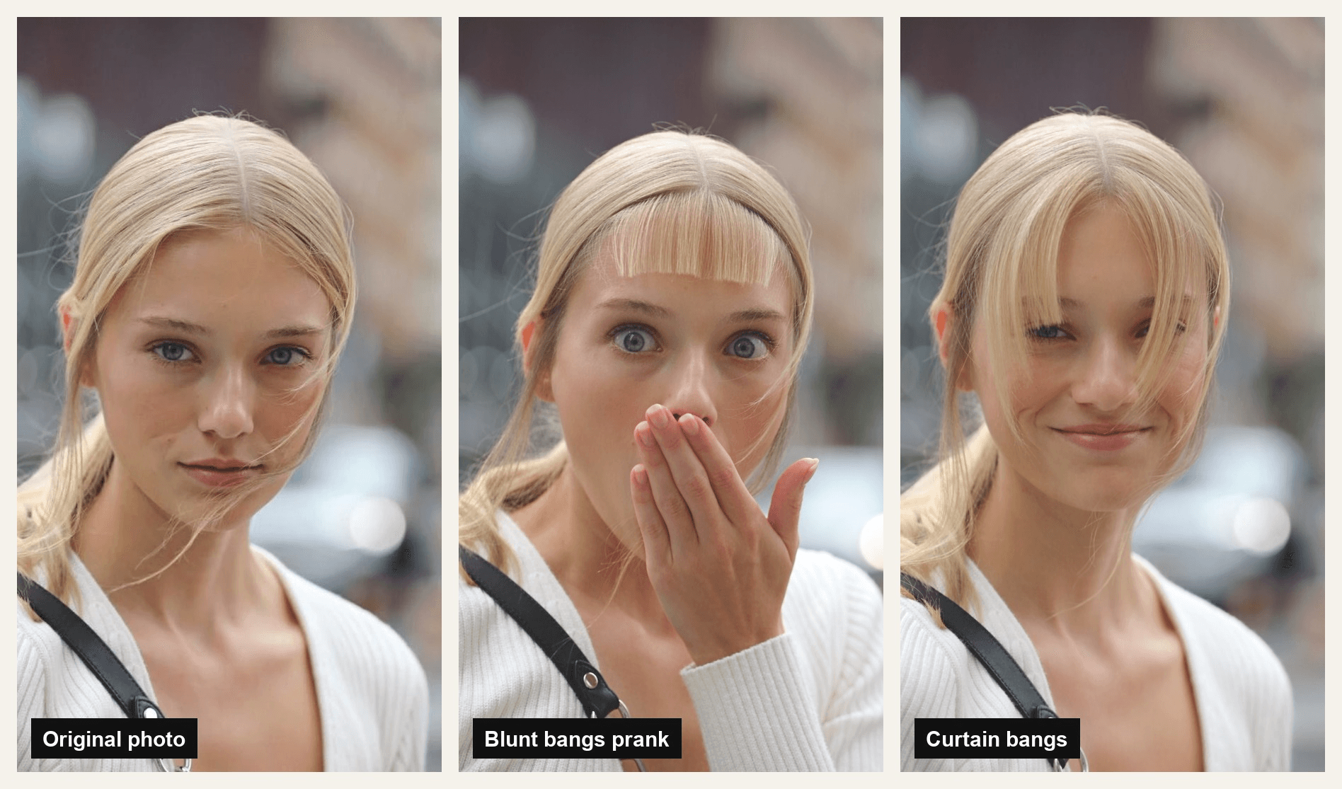 Curtain bangs filter compared with blunt bangs, the original photo next to the 9.4-second frames of two AI bangs videos made from it, one with a blunt fringe and shocked face, one with center-parted curtain bangs and a smile