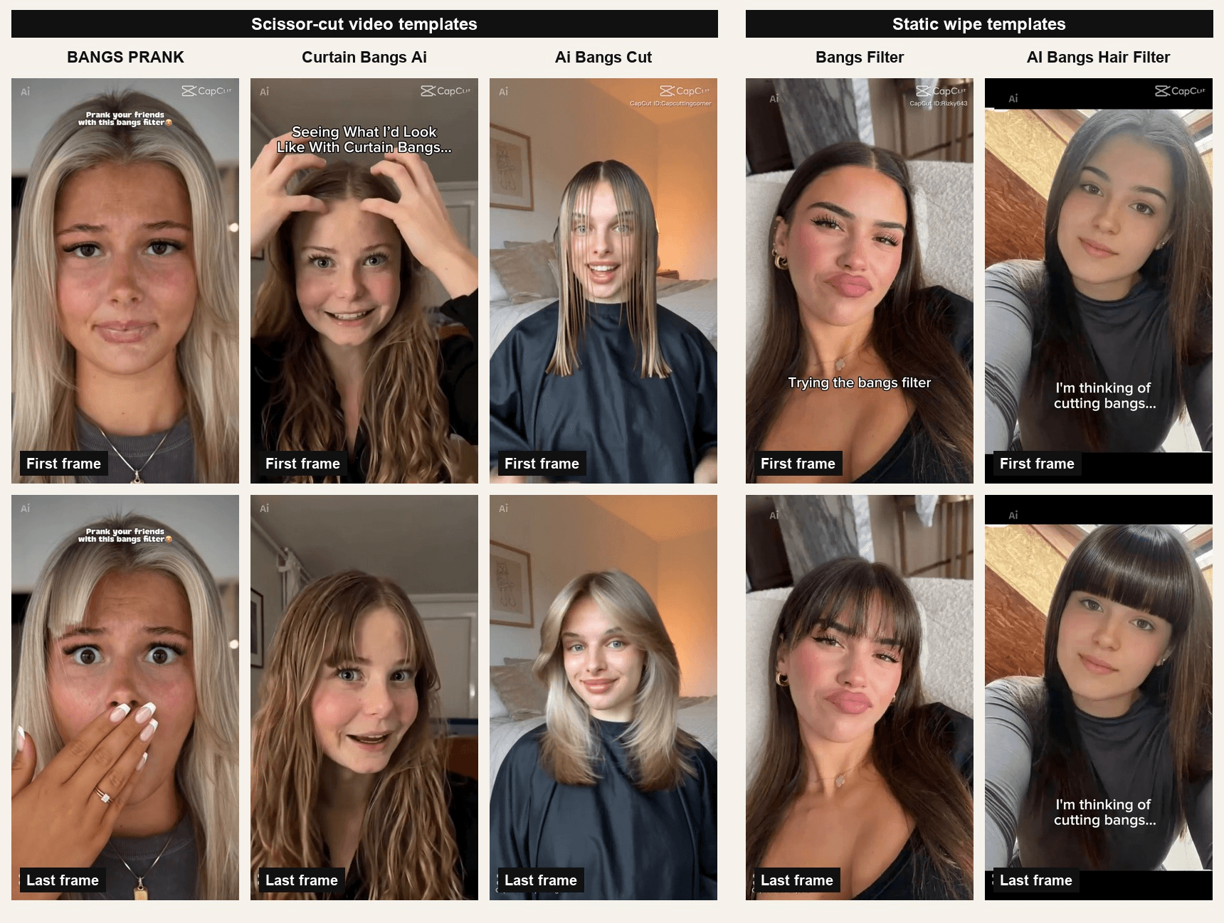 Bangs filter CapCut templates compared, first and last frames of BANGS PRANK, Curtain Bangs Ai and Ai Bangs Cut, which show scissors cutting the hair, and Bangs Filter and AI Bangs Hair Filter, which wipe a fringe onto a still photo Template previews published by their creators on CapCut, checked on October 28, 2026.