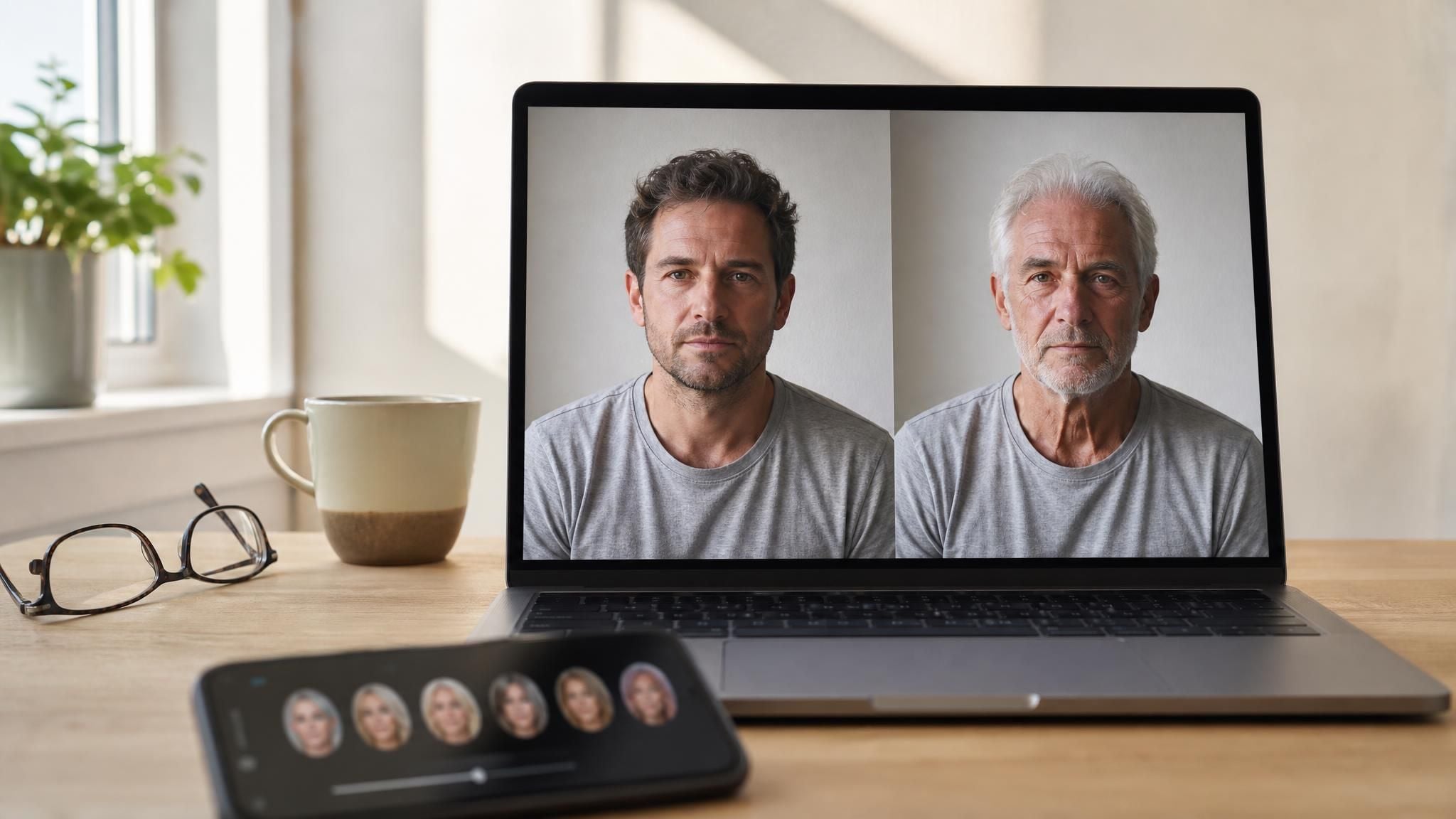 A phone showing a filter grid with no aging effect, next to a printed portrait of the same person aged decades by an age progression app.