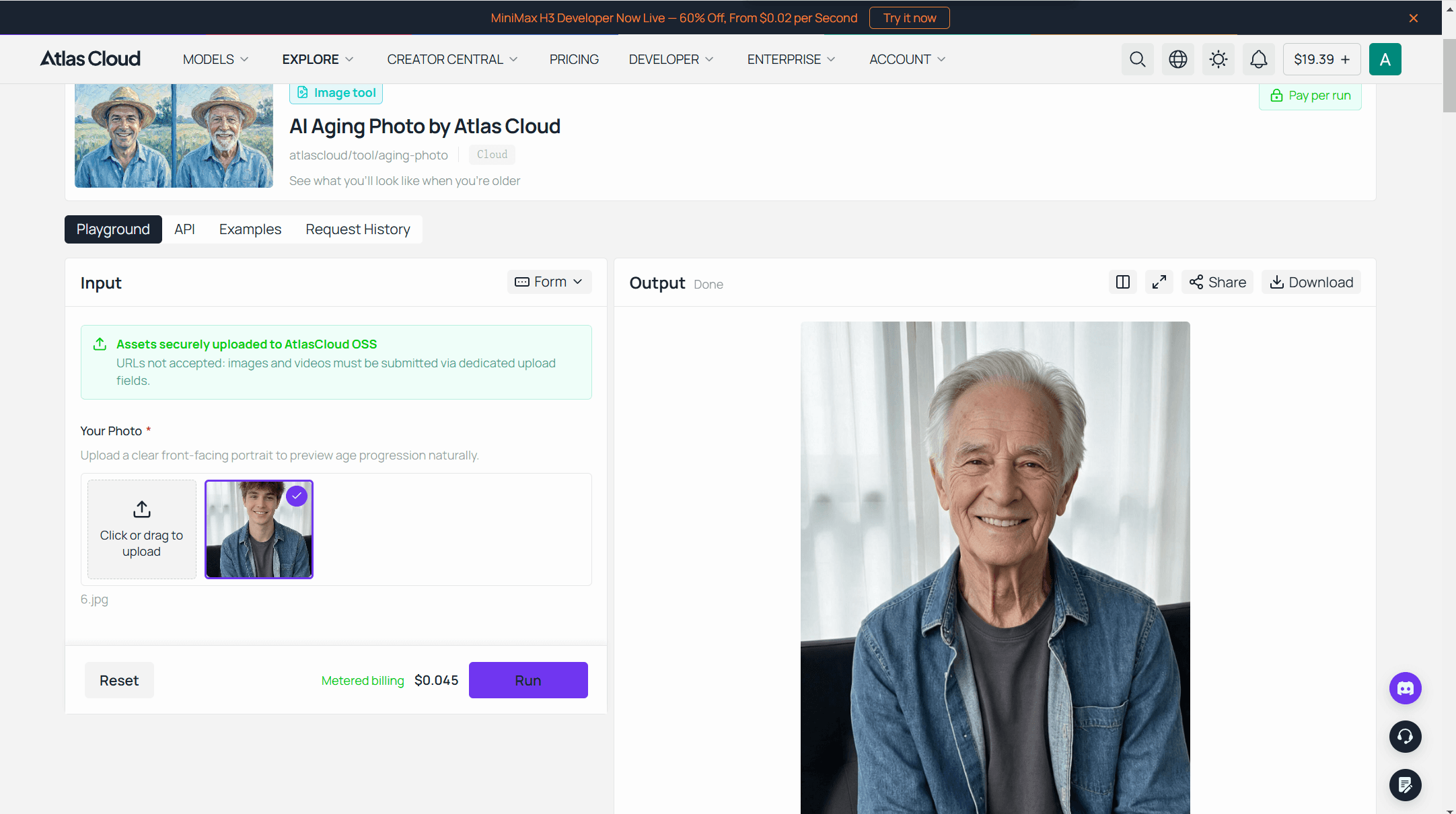 Result view of an AI aging photo tool showing an uploaded portrait beside the same face aged decades, with matching pose and background.