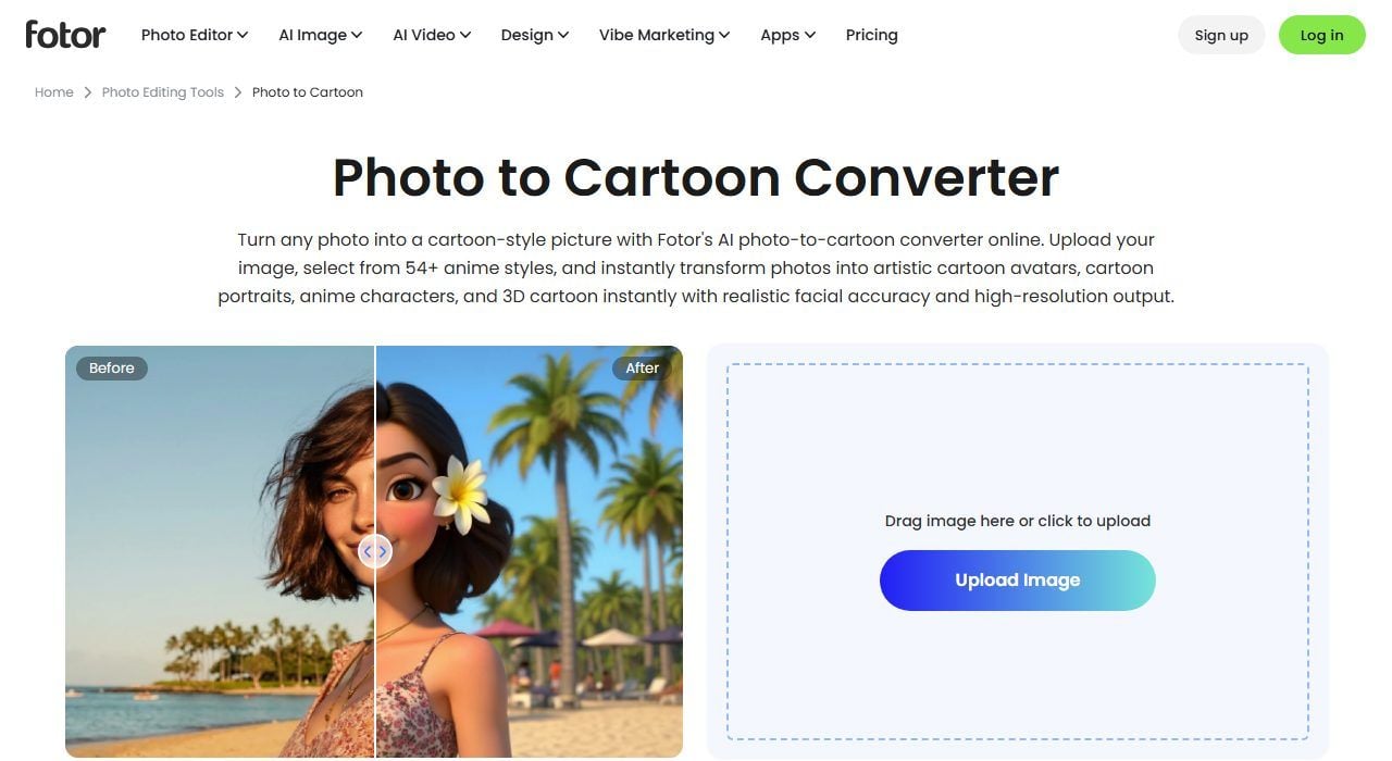 Fotor's photo to cartoon converter page, showing before and after examples and a grid of more than 54 selectable cartoon styles including pet-specific thumbnails.