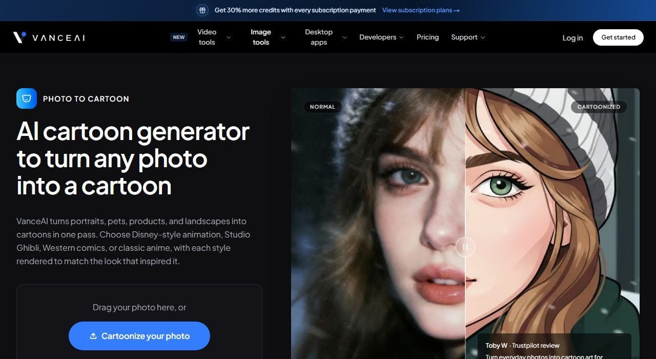 VanceAI Toongineer Cartoonizer's landing page showing its no-watermark free-start claim and a before and after cartoon portrait example.