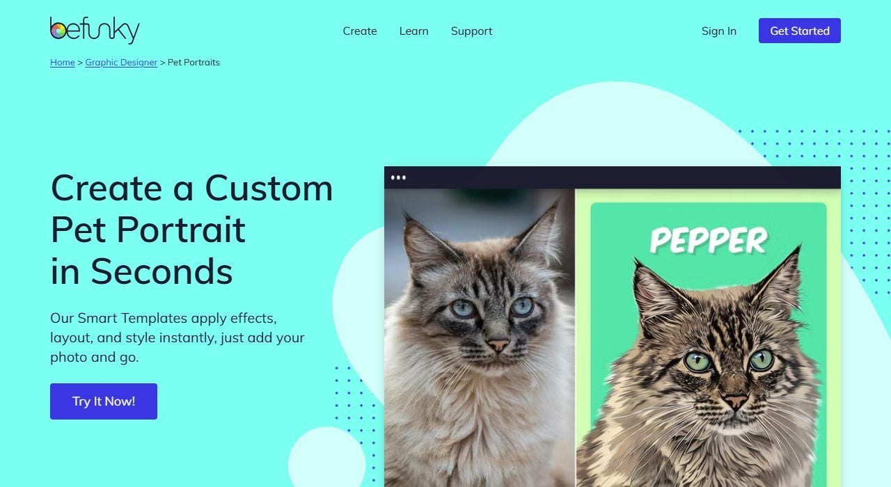 BeFunky's pet portraits landing page, showing a before and after cat photo and several dog portraits styled with custom smart templates and pet names.